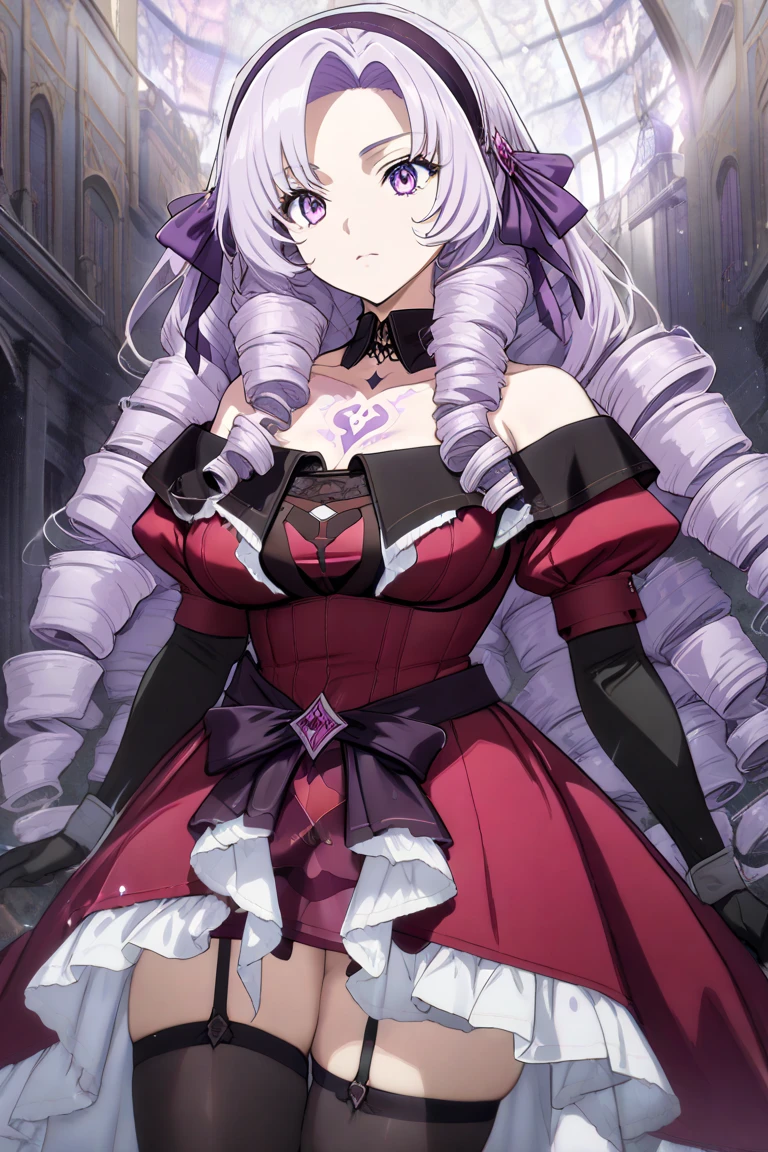 anime coloring,masterpiece,Salome, big body,,(((( best quality )))),,HS1, purple eyes, bangs, parted bangs, purple hair, light purple hair, long hair, drill hair, tattoo, chest tattoo, ribbon, hair ribbon, purple ribbon, hairband
bare shoulders, dress, red dress, long sleeves, juliet sleeves, gloves, black gloves, garter straps, thighhighs, black thighhighs