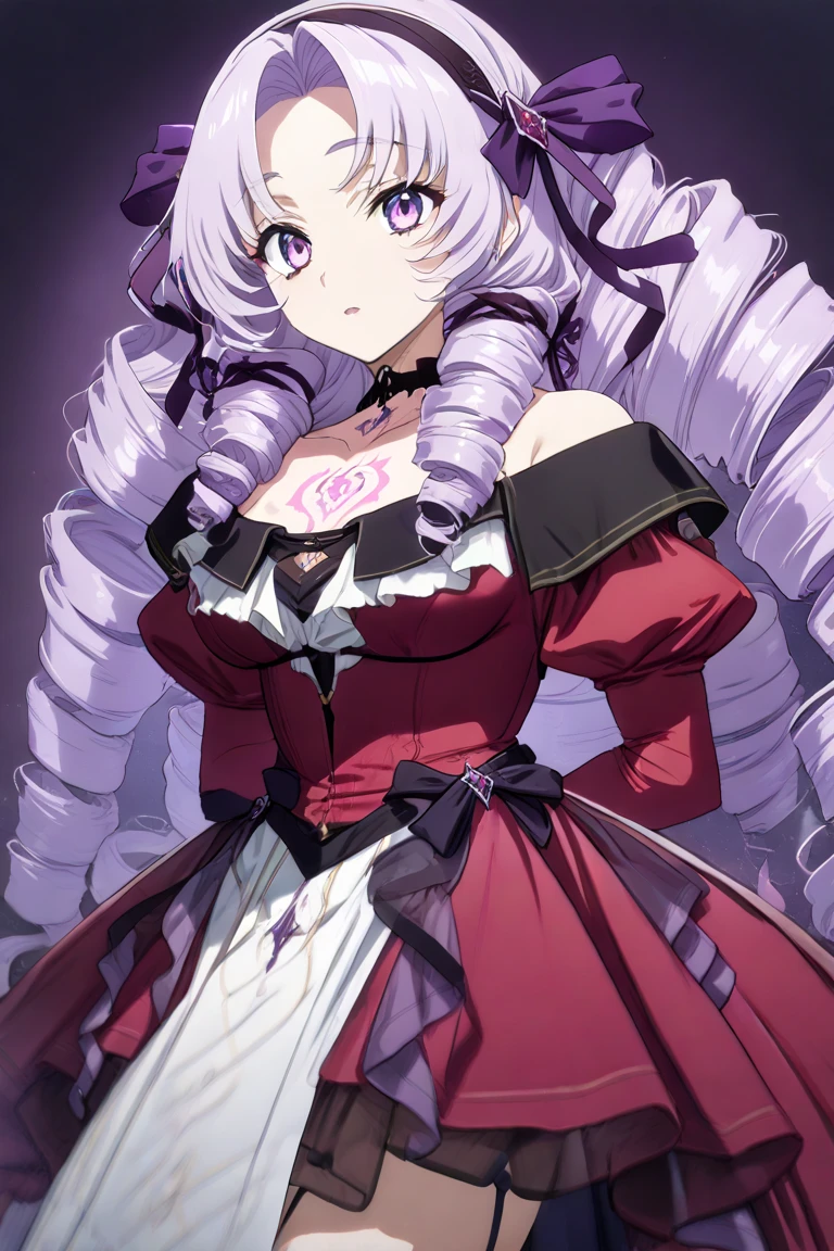 anime coloring,masterpiece,Salome, big body,,(((( best quality )))),,HS1, purple eyes, bangs, parted bangs, purple hair, light purple hair, long hair, drill hair, tattoo, chest tattoo, ribbon, hair ribbon, purple ribbon, hairband
bare shoulders, dress, red dress, long sleeves, juliet sleeves, gloves, black gloves, garter straps, thighhighs, black thighhighs