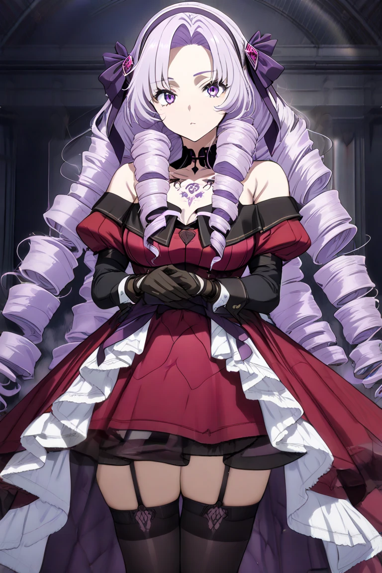 anime coloring,masterpiece,Salome, big body,,(((( best quality )))),,HS1, purple eyes, bangs, parted bangs, purple hair, light purple hair, long hair, drill hair, tattoo, chest tattoo, ribbon, hair ribbon, purple ribbon, hairband
bare shoulders, dress, red dress, long sleeves, juliet sleeves, gloves, black gloves, garter straps, thighhighs, black thighhighs