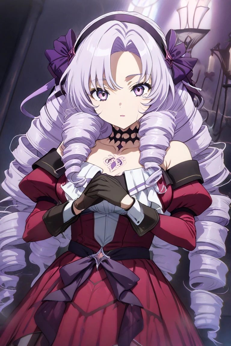 anime coloring,masterpiece,Salome, big body,,(((( best quality )))),,HS1, purple eyes, bangs, parted bangs, purple hair, light purple hair, long hair, drill hair, tattoo, chest tattoo, ribbon, hair ribbon, purple ribbon, hairband
bare shoulders, dress, red dress, long sleeves, juliet sleeves, gloves, black gloves, garter straps, thighhighs, black thighhighs