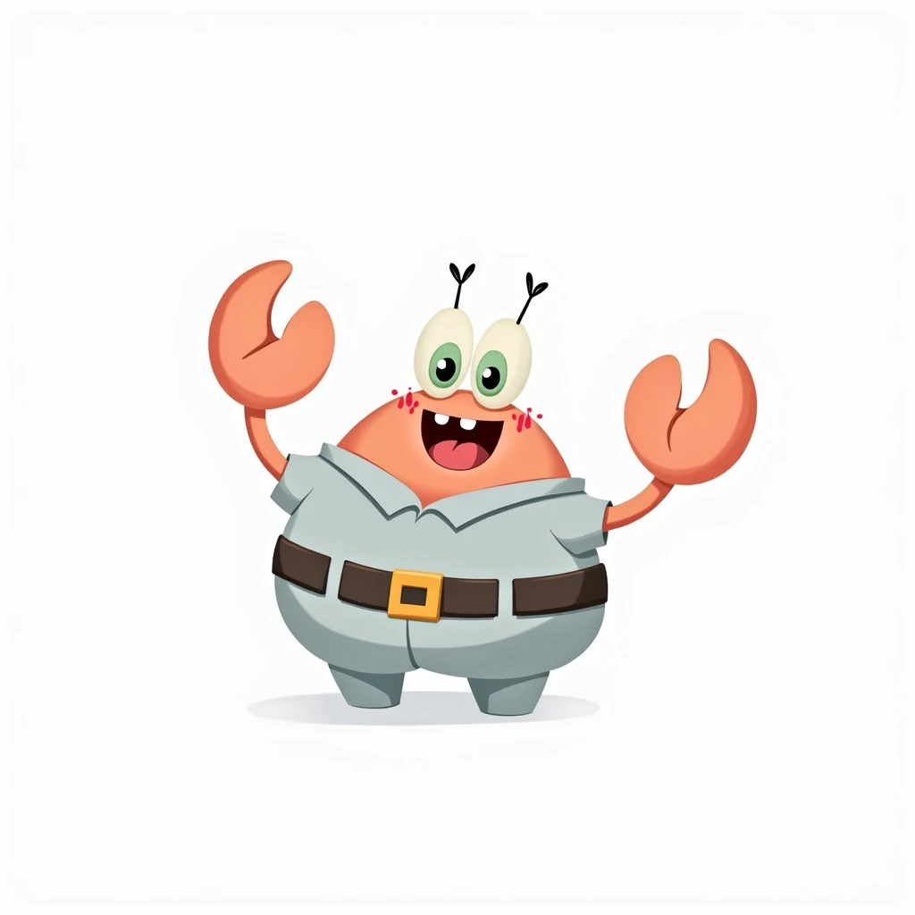 A cartoon crab, likely Mr. Krabs, is depicted in a whimsical style. The crab is light orange-pink with large, expressive pale green eyes.  It has a simple, happy expression with a slightly open mouth and small, outlined red blush marks on its cheeks. The crab is wearing a light grayish-blue collared shirt and baggy light grayish-blue pants with a dark brown belt. Its body is plump and rounded. The crab's claws are large and a similar light orange-pink color, and they are raised in a cheerful, energetic pose.  The crab is centered in the image against a plain white background. The colors are soft and pastel, creating a friendly, -like atmosphere. The style evokes simple, hand-drawn animation with a slightly painterly approach. The perspective is directly facing the viewer.  The overall composition is straightforward and uncluttered, focusing on the character.  There are no other details or elements in the background.
