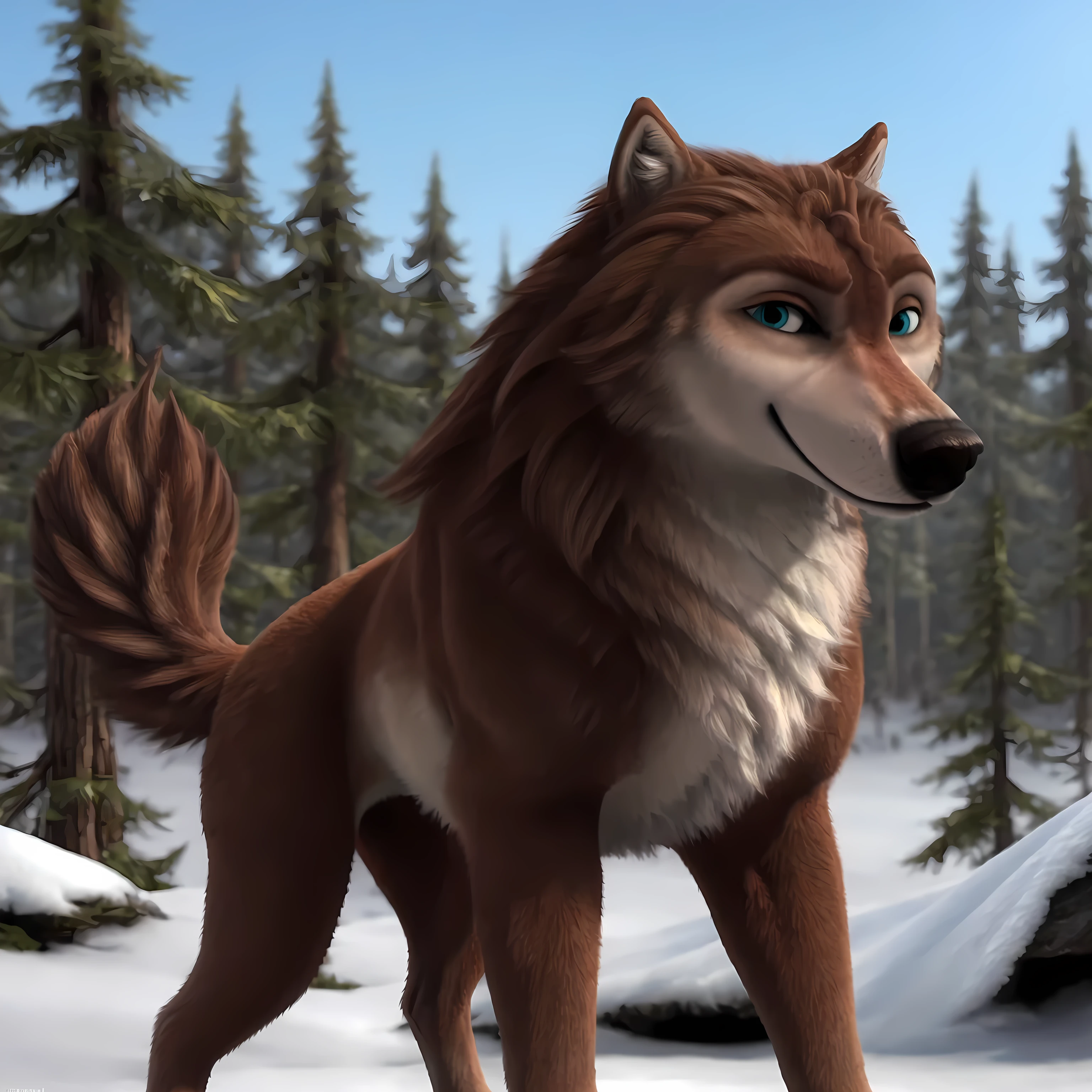 Garth, detailed fur, male, feral, feral body, snow forest, day, posing, confident, raised head, subtle smile, proud, wolf, puffed chest, full body, strong body, solo, detailed eyes