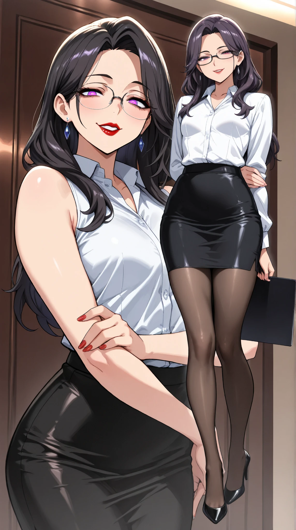  1 mature beautiful woman ,1 person,(masterpiece:1.3, top quality :1.3, very detailed depiction:1.3, incredible high resolution:1.3,High quality anime drawings),( office lady with straight black hair,An excellent female secretary,Villainess,Glasses),( business suit, tight skirt , formal shirt to accumulate strength, black tights, Luxurious Accessory , high heels),(Purple Eyes, Crazy Eyes , half-closed eyes:1.5, small breasts, wicked smile, glossy red lips ,Seductive gestures,Beautiful legs, healthy legs,Curvaceous Body,High quality skin),Full body images:1.3,