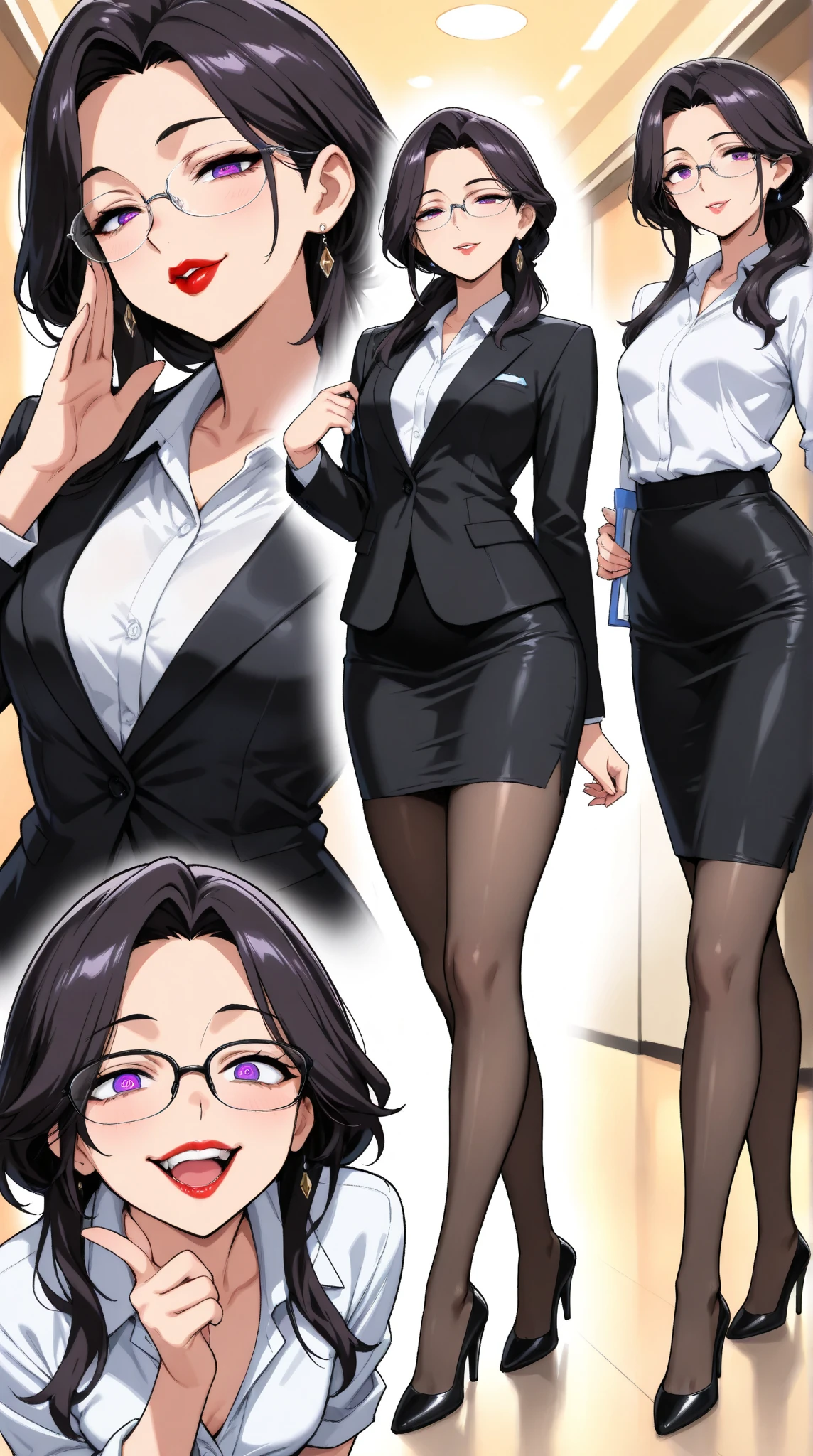  1 mature beautiful woman ,1 person,(masterpiece:1.3, top quality :1.3, very detailed depiction:1.3, incredible high resolution:1.3,High quality anime drawings),( office lady with straight black hair,An excellent female secretary,Villainess,Glasses),( business suit, tight skirt , formal shirt to accumulate strength, black tights, Luxurious Accessory , high heels),(Purple Eyes, Crazy Eyes , half-closed eyes:1.5, small breasts, wicked smile, glossy red lips ,Seductive gestures,Beautiful legs, healthy legs,Curvaceous Body,High quality skin),Full body images:1.3,