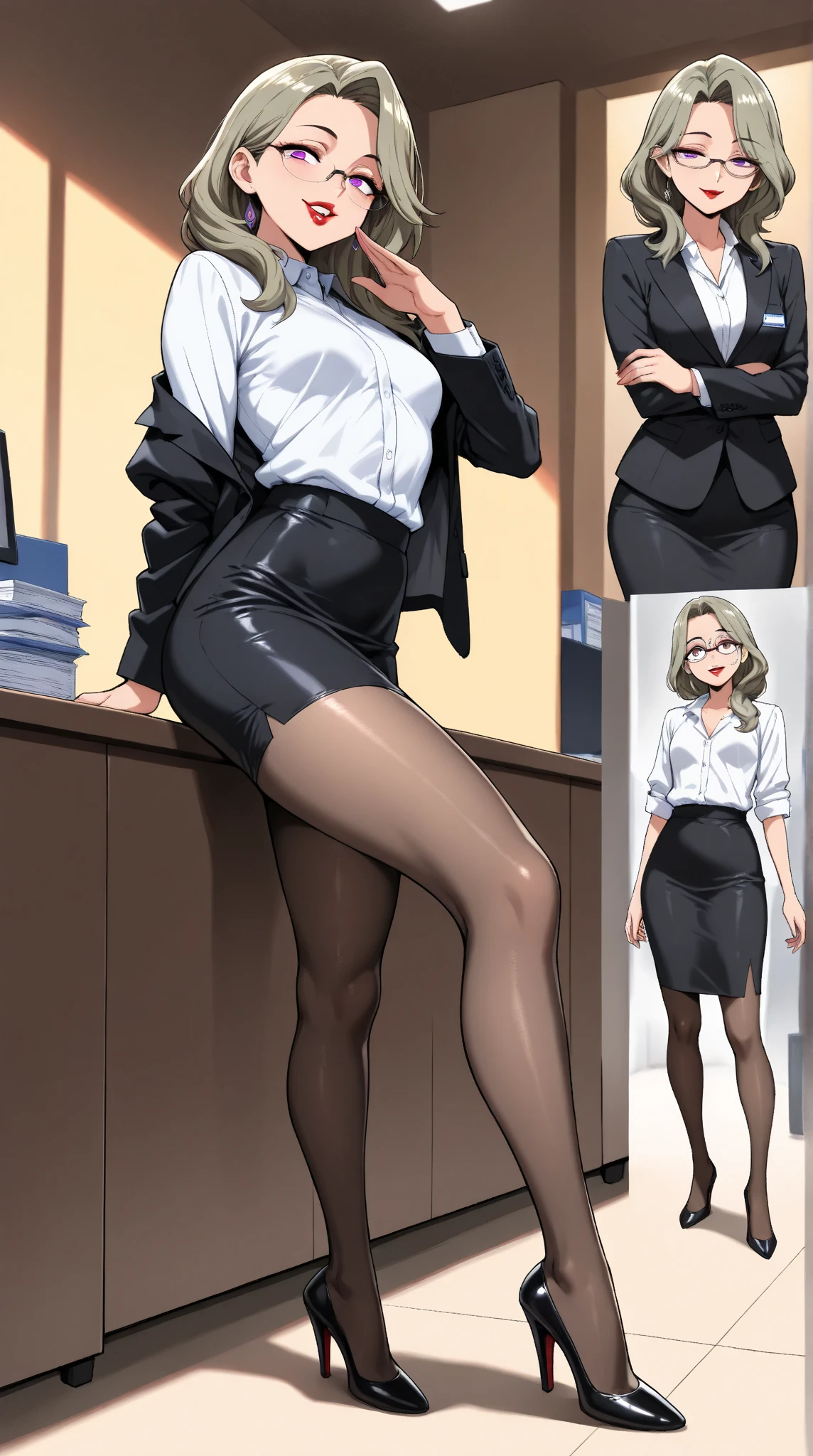  1 mature beautiful woman ,1 person,(masterpiece:1.3, top quality :1.3, very detailed depiction:1.3, incredible high resolution:1.3,High quality anime drawings),( office lady with straight black hair,An excellent female secretary,Villainess,Glasses),( business suit, tight skirt , formal shirt to accumulate strength, black tights, Luxurious Accessory , high heels),(Purple Eyes, Crazy Eyes , half-closed eyes:1.5, small breasts, wicked smile, glossy red lips ,Seductive gestures,Beautiful legs, healthy legs,Curvaceous Body,High quality skin),Full body images:1.3,