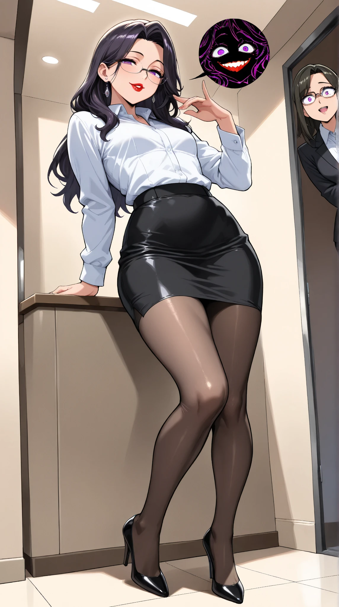  1 mature beautiful woman ,1 person,(masterpiece:1.3, top quality :1.3, very detailed depiction:1.3, incredible high resolution:1.3,High quality anime drawings),( office lady with straight black hair,An excellent female secretary,Villainess,Glasses),( business suit, tight skirt , formal shirt to accumulate strength, black tights, Luxurious Accessory , high heels),(Purple Eyes, Crazy Eyes , half-closed eyes:1.5, small breasts, wicked smile, glossy red lips ,Seductive gestures,Beautiful legs, healthy legs,Curvaceous Body,High quality skin),Full body images:1.3,