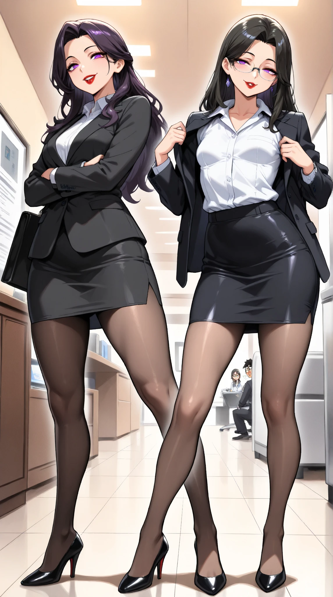  1 mature beautiful woman ,1 person,(masterpiece:1.3, top quality :1.3, very detailed depiction:1.3, incredible high resolution:1.3,High quality anime drawings),( office lady with straight black hair,An excellent female secretary,Villainess,Glasses),( business suit, tight skirt , formal shirt to accumulate strength, black tights, Luxurious Accessory , high heels),(Purple Eyes, Crazy Eyes , half-closed eyes:1.5, small breasts, wicked smile, glossy red lips ,Seductive gestures,Beautiful legs, healthy legs,Curvaceous Body,High quality skin),Full body images:1.3,