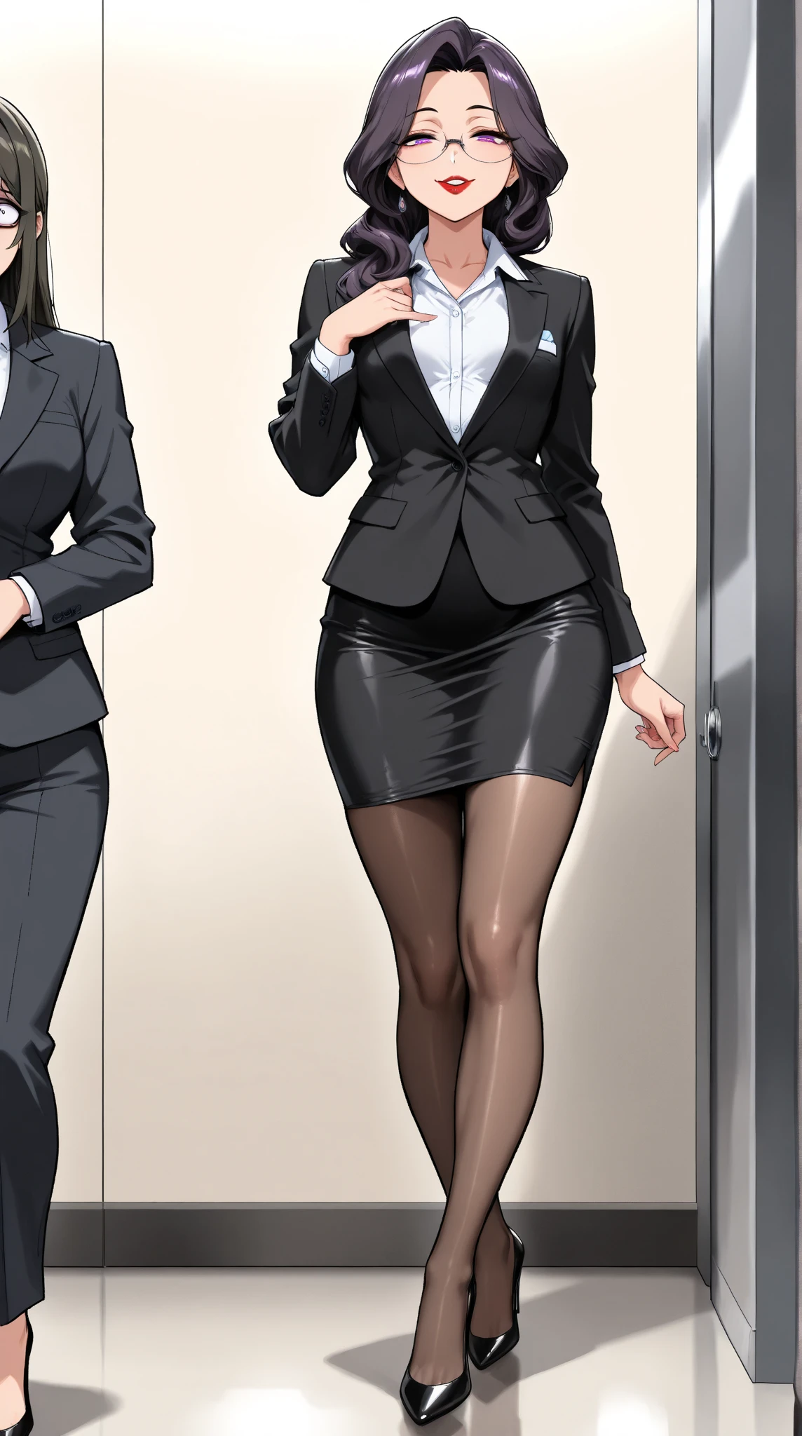  1 mature beautiful woman ,1 person,(masterpiece:1.3, top quality :1.3, very detailed depiction:1.3, incredible high resolution:1.3,High quality anime drawings),( office lady with straight black hair,An excellent female secretary,Villainess,Glasses),( business suit, tight skirt , formal shirt to accumulate strength, black tights, Luxurious Accessory , high heels),(Purple Eyes, Crazy Eyes , half-closed eyes:1.5, small breasts, wicked smile, glossy red lips ,Seductive gestures,Beautiful legs, healthy legs,Curvaceous Body,High quality skin),Full body images:1.3,