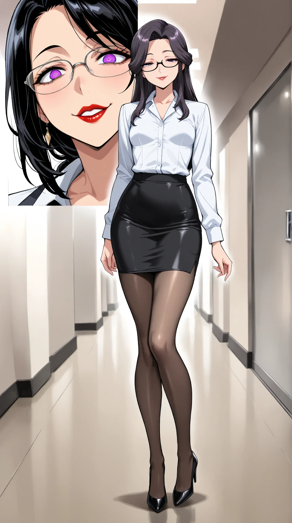  1 mature beautiful woman ,1 person,(masterpiece:1.3, top quality :1.3, very detailed depiction:1.3, incredible high resolution:1.3,High quality anime drawings),( office lady with straight black hair,An excellent female secretary,Villainess,Glasses),( business suit, tight skirt , formal shirt to accumulate strength, black tights, Luxurious Accessory , high heels),(Purple Eyes, Crazy Eyes , half-closed eyes:1.5, small breasts, wicked smile, glossy red lips ,Seductive gestures,Beautiful legs, healthy legs,Curvaceous Body,High quality skin),Full body images:1.3,