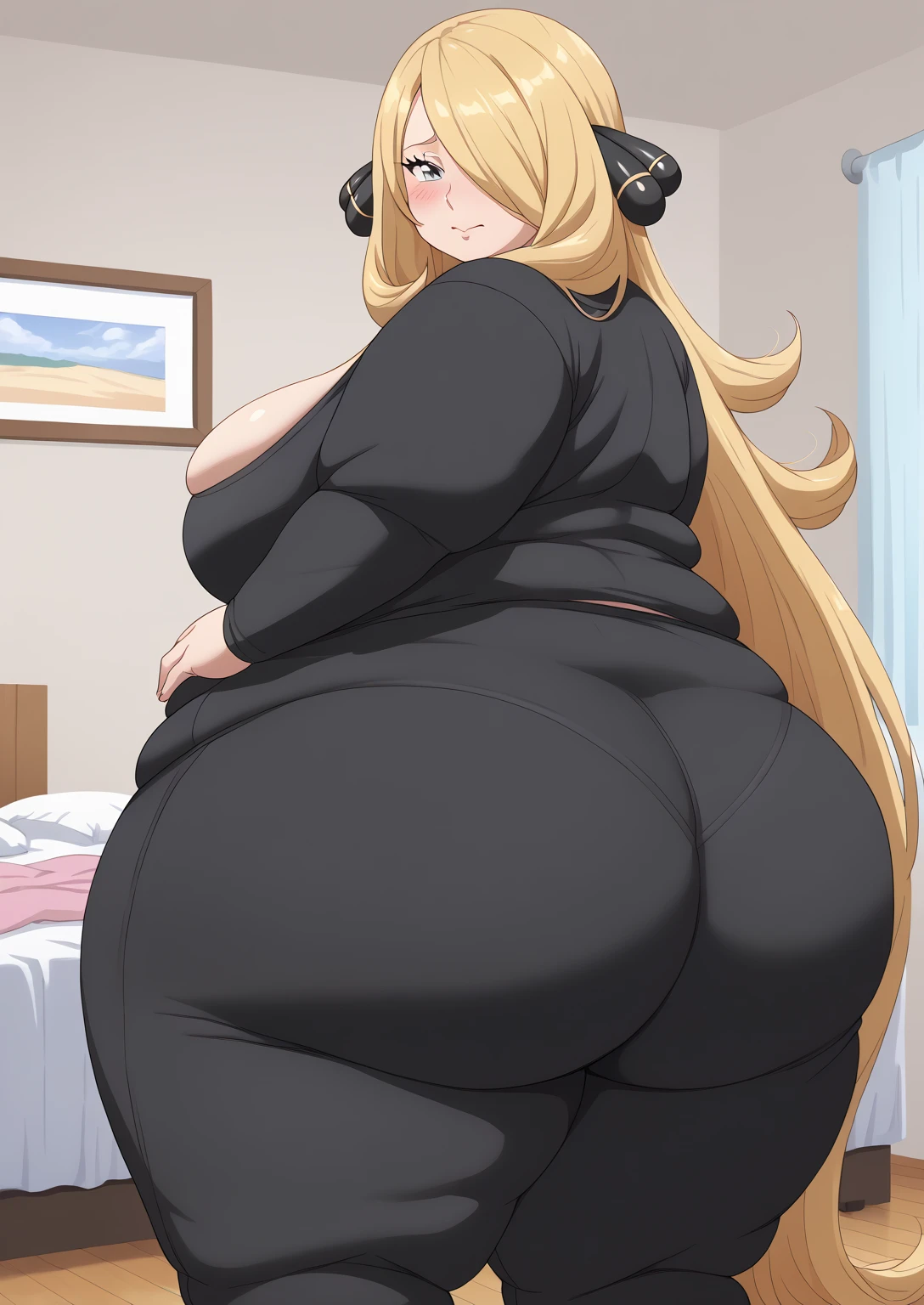 Sirona, Cynthia, Silver Eyes,  long hair,  Golden Hair ,  black tight pants,black tight shirt, score_9,   score_8_ up,   score_7_ up,   score_6_ up,   score_5_ up,   score_4_ up,     masterpiece   ,   top quality,     very aesthetic  ,    absurd,    source_Anime, Anime screencap,    one woman , Alone,   personal   ,  Super huge breasts, (((S uper huge クレビス, Super huge , Super huge boob))), Curvy,   in her 20s,  Mature Woman,   obese , ,  troubled expression,  bedroom, ssbbw,  embarrassed expression, 