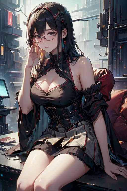 (( top quality )), ((傑 top quality 、masterpiece、High sensitivity、 High Definition 、 detailed description 、 Delicate Faces )),Slender woman、Glasses、 Christmas、 mini skirt Santa 、 cyberpunk、