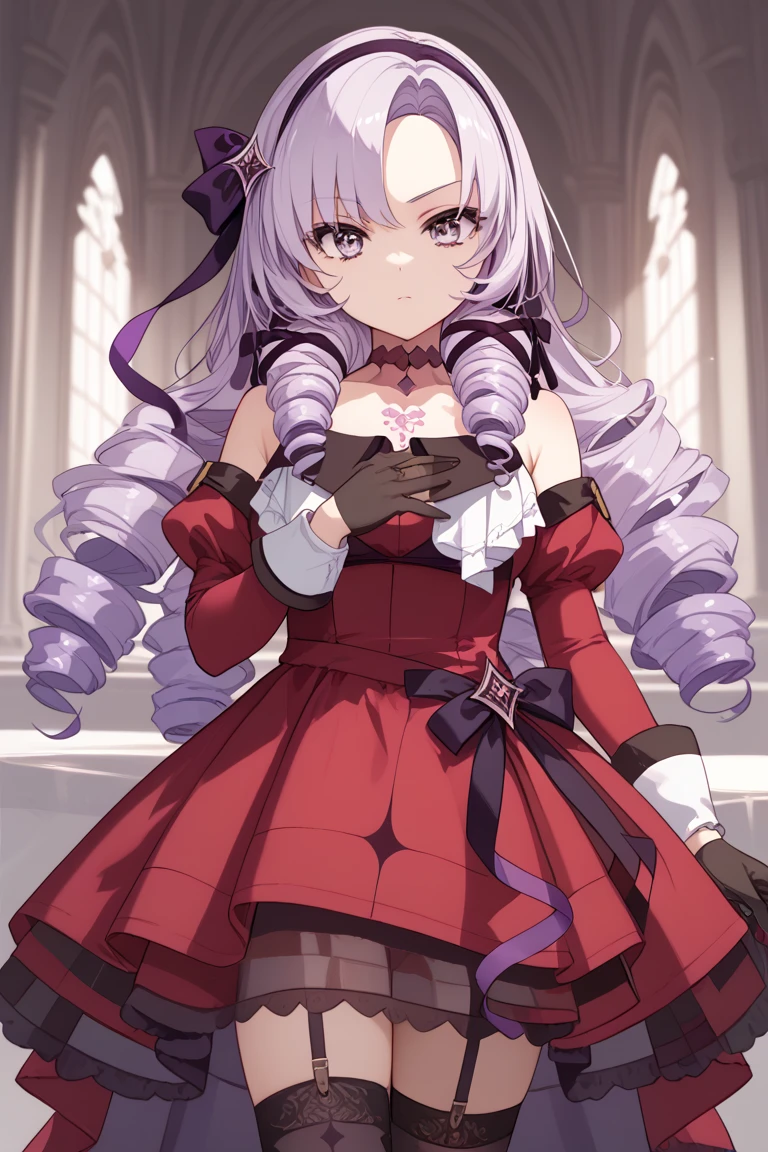 anime coloring,masterpiece,Salome, big body,,(((( best quality )))),,HS1, purple eyes, bangs, parted bangs, purple hair, light purple hair, long hair, drill hair, tattoo, chest tattoo, ribbon, hair ribbon, purple ribbon, hairband
bare shoulders, dress, red dress, long sleeves, juliet sleeves, gloves, black gloves, garter straps, thighhighs, black thighhighs