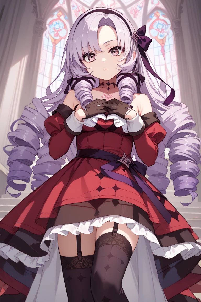 anime coloring,masterpiece,Salome, big body,,(((( best quality )))),,HS1, purple eyes, bangs, parted bangs, purple hair, light purple hair, long hair, drill hair, tattoo, chest tattoo, ribbon, hair ribbon, purple ribbon, hairband
bare shoulders, dress, red dress, long sleeves, juliet sleeves, gloves, black gloves, garter straps, thighhighs, black thighhighs