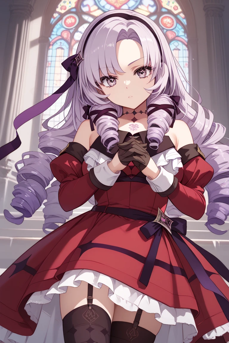 anime coloring,masterpiece,Salome, big body,,(((( best quality )))),,HS1, purple eyes, bangs, parted bangs, purple hair, light purple hair, long hair, drill hair, tattoo, chest tattoo, ribbon, hair ribbon, purple ribbon, hairband
bare shoulders, dress, red dress, long sleeves, juliet sleeves, gloves, black gloves, garter straps, thighhighs, black thighhighs