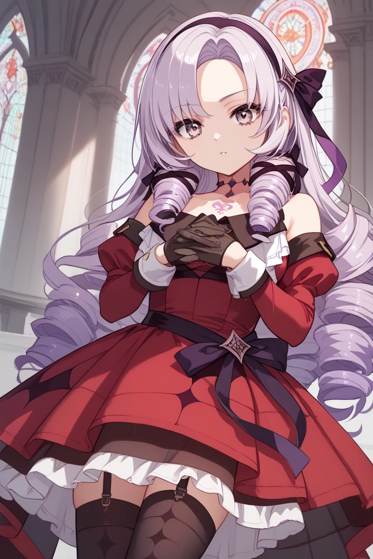 anime coloring,masterpiece,Salome, big body,,(((( best quality )))),,HS1, purple eyes, bangs, parted bangs, purple hair, light purple hair, long hair, drill hair, tattoo, chest tattoo, ribbon, hair ribbon, purple ribbon, hairband
bare shoulders, dress, red dress, long sleeves, juliet sleeves, gloves, black gloves, garter straps, thighhighs, black thighhighs