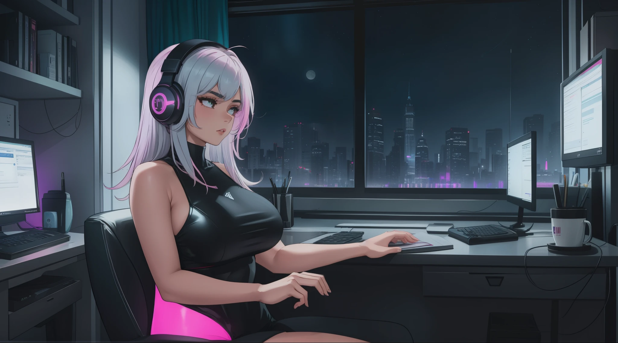 (best quality:1.1), (masterpiece:1.4), (absurdres:1.0), portrait, 1girl, ((wavy hair))++, long hair, , (((white hair))), (pink eyes), long hair, large breasts, (blush:1.2), smile, (big lips)+, (juicy lips)+, (blush), vibrant colors, eyeliner, lipgloss, blush, sidelocks, gamer chair, computer, radio show, headphones, headset, microphone, pink ambient lighting, neon lighting, microphone, cleavage, from behind, ass focus