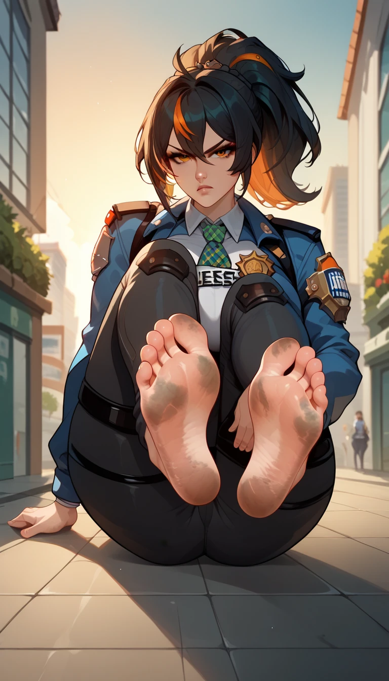 source_anime, anime screencap,8k, absurdo res, Zhu yuan, 1 girl, solo, black hair, orange locks hair, long sleeves, green mecktie, police uniform, (ponytail hair), barefoot, soles, feet, toes, feet focus, sitting on floor, building, outdoors, big breasts, wide hips, frown, parted lips, seductive look, feet up, legs up, sunset, (dirty feet), (dirty soles), long pants