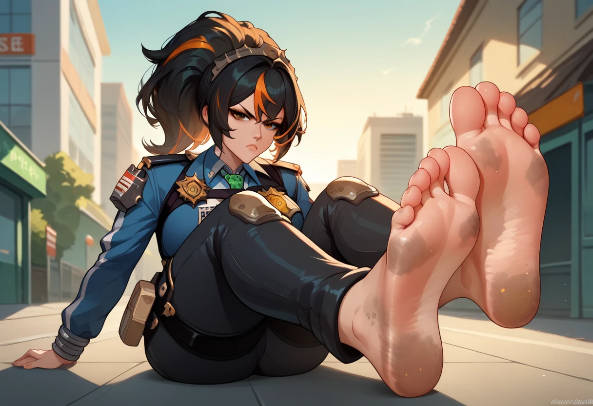 source_anime, anime screencap,8k, absurdo res, Zhu yuan, 1 girl, solo, black hair, orange locks hair, long sleeves, green mecktie, police uniform, (ponytail hair), barefoot, soles, feet, toes, feet focus, sitting on floor, building, outdoors, big breasts, wide hips, frown, parted lips, seductive look, feet up, legs up, sunset, (dirty feet), (dirty soles), long pants