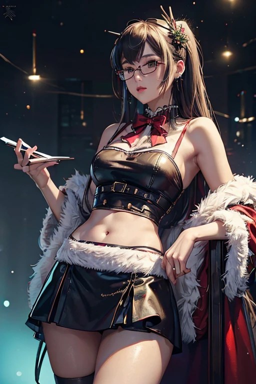 (( top quality )), ((傑 top quality 、masterpiece、High sensitivity、 High Definition 、 detailed description 、 Delicate Faces )),Slender woman、Glasses、 Christmas、 mini skirt Santa 、 cyberpunk、
