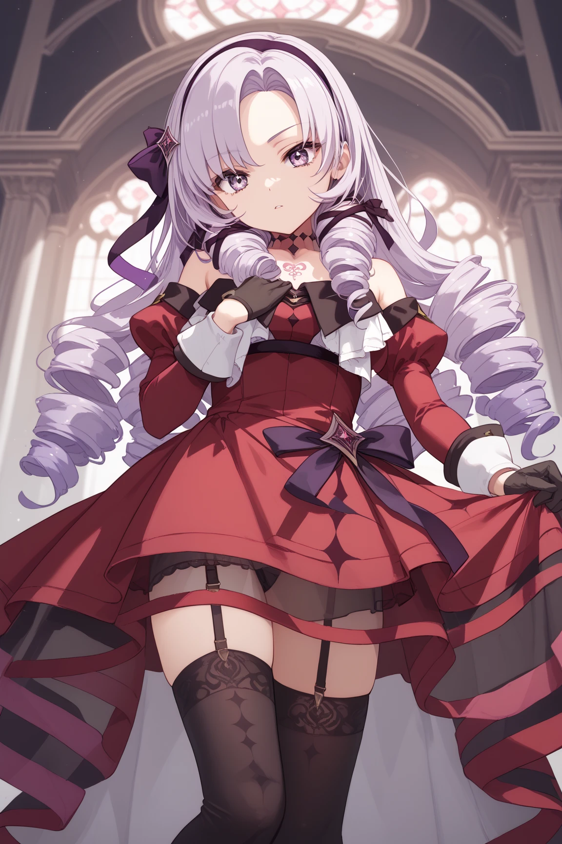 anime coloring,masterpiece,Salome, big body,,(((( best quality )))),,HS1, purple eyes, bangs, parted bangs, purple hair, light purple hair, long hair, drill hair, tattoo, chest tattoo, ribbon, hair ribbon, purple ribbon, hairband
bare shoulders, dress, red dress, long sleeves, juliet sleeves, gloves, black gloves, garter straps, thighhighs, black thighhighs