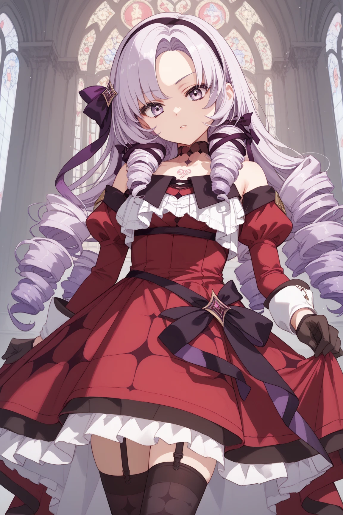 anime coloring,masterpiece,Salome, big body,,(((( best quality )))),,HS1, purple eyes, bangs, parted bangs, purple hair, light purple hair, long hair, drill hair, tattoo, chest tattoo, ribbon, hair ribbon, purple ribbon, hairband
bare shoulders, dress, red dress, long sleeves, juliet sleeves, gloves, black gloves, garter straps, thighhighs, black thighhighs