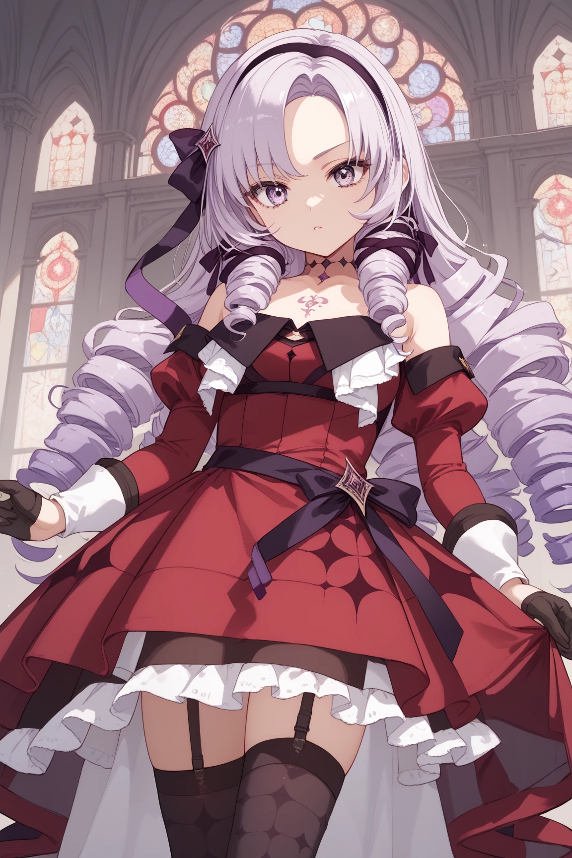 anime coloring,masterpiece,Salome, big body,,(((( best quality )))),,HS1, purple eyes, bangs, parted bangs, purple hair, light purple hair, long hair, drill hair, tattoo, chest tattoo, ribbon, hair ribbon, purple ribbon, hairband
bare shoulders, dress, red dress, long sleeves, juliet sleeves, gloves, black gloves, garter straps, thighhighs, black thighhighs