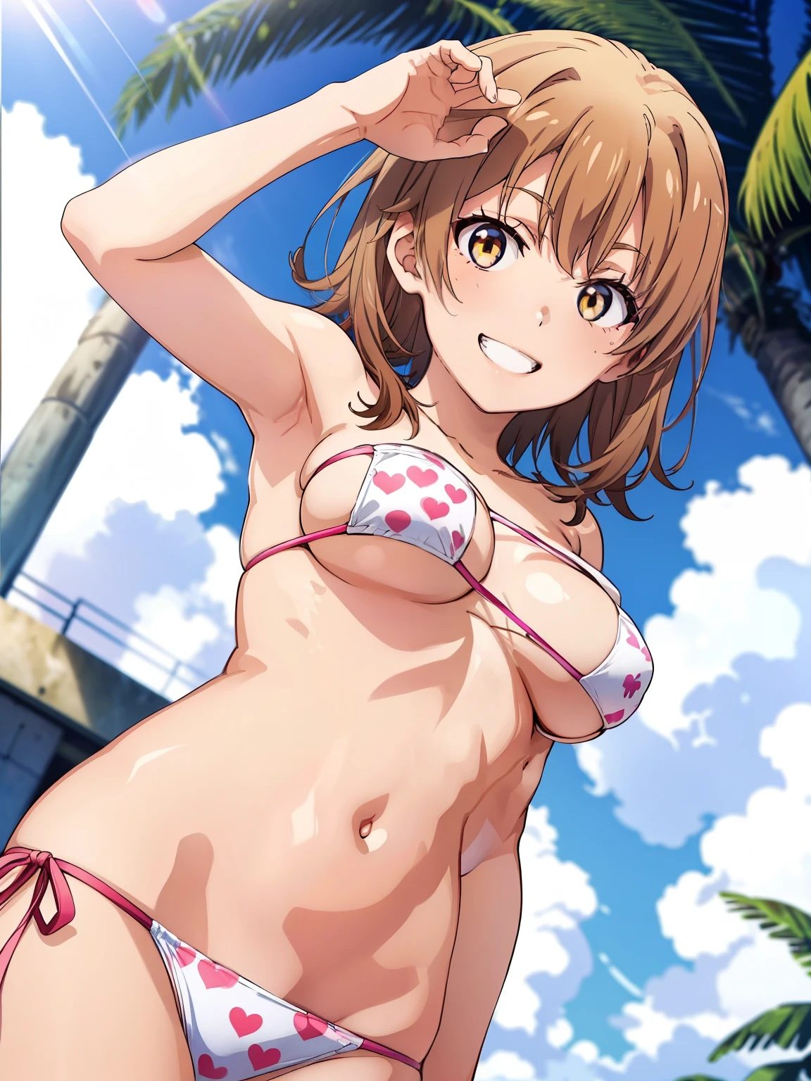 (( top quality ,  High Definition ,   Perfect Pixel,  4K)),  (Beautiful anime),  depth of field、
 watching viewers in the winter factory area , 
 perfect body, 

 Isshiki Iroha, 

 cleavage、Underboob、


white bikini,  pink heart print 、 Side Tie Bikini Bottom、
Groin、

 grin 、

 Watch viewers, 

 Beach 、 palm trees、
summer、sunlight、
 dynamic pose 、