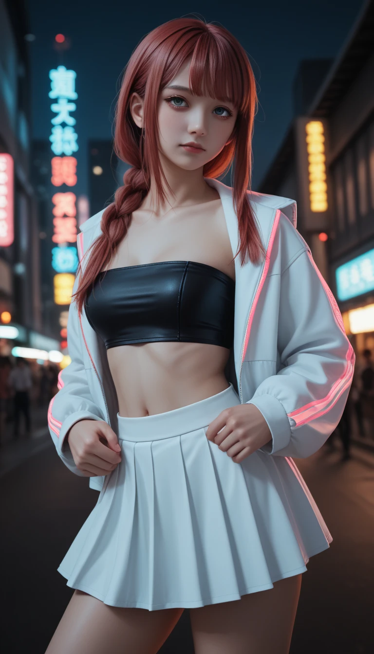 pretty japanese girl,            medium breasts, with healthy appearance ,  The expression would be         ,       tight clothes  , Bold pose, ,               high quality, 8k,                 realistic photo              ,                dramatic lighting          ,                 vivid colors                ,(                masterpiece                ,              main quality               ,  :1.2),  (         Tokyo scene illuminated at night        ), (Alone:1.4), (                  Elegant and cool               ),                 Bright neon details                 :1.3), (    :1.1) ,                  Confident and relaxed poses                   :1.3)   , (                dynamic lighting                ,   Strong contrast, makima personagem de chainsawman,                     long hair   ,             light red hair ,      Hair tied to bring 2 locks in the front,   sexy clothes, short skirt ,Tube top,.   belly out ,. Cyberpunk neon open jacket,. holographic clothes ,