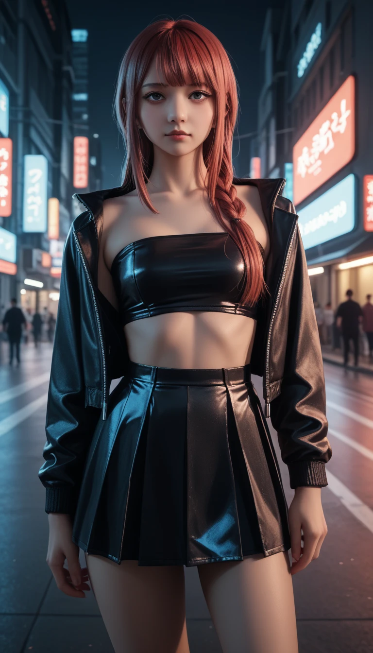 pretty japanese girl,            medium breasts, with healthy appearance ,  The expression would be         ,       tight clothes  , Bold pose, ,               high quality, 8k,                 realistic photo              ,                dramatic lighting          ,                 vivid colors                ,(                masterpiece                ,              main quality               ,  :1.2),  (         Tokyo scene illuminated at night        ), (Alone:1.4), (                  Elegant and cool               ),                 Bright neon details                 :1.3), (    :1.1) ,                  Confident and relaxed poses                   :1.3)   , (                dynamic lighting                ,   Strong contrast, makima personagem de chainsawman,                     long hair   ,             light red hair ,      Hair tied to bring 2 locks in the front,   sexy clothes, short skirt ,Tube top,.   belly out ,. Cyberpunk neon open jacket,. holographic clothes ,