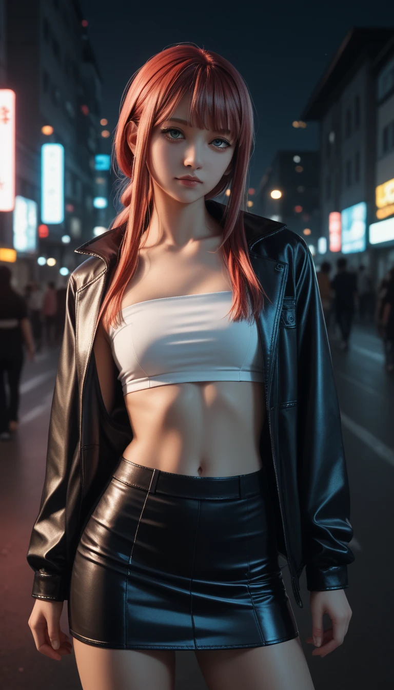 pretty japanese girl,            medium breasts, with healthy appearance ,  The expression would be         ,       tight clothes  , Bold pose, ,               high quality, 8k,                 realistic photo              ,                dramatic lighting          ,                 vivid colors                ,(                masterpiece                ,              main quality               ,  :1.2),  (         Tokyo scene illuminated at night        ), (Alone:1.4), (                  Elegant and cool               ),                 Bright neon details                 :1.3), (    :1.1) ,                  Confident and relaxed poses                   :1.3)   , (                dynamic lighting                ,   Strong contrast, makima personagem de chainsawman,                     long hair   ,             light red hair ,      Hair tied to bring 2 locks in the front,   sexy clothes, short skirt ,Tube top,.   belly out ,. Cyberpunk neon open jacket,. holographic clothes ,