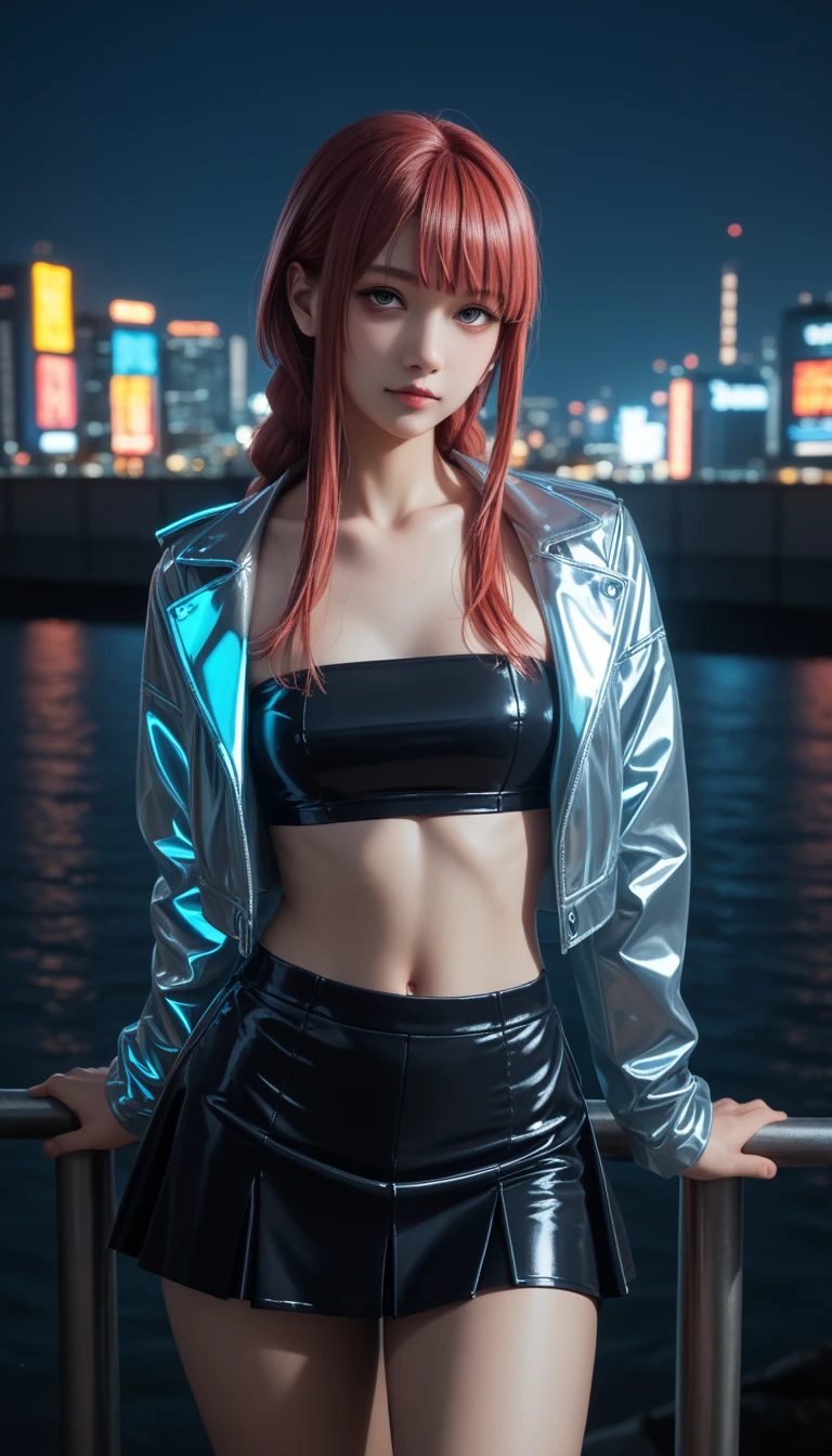 pretty japanese girl,            medium breasts, with healthy appearance ,  The expression would be         ,       tight clothes  , Bold pose, ,               high quality, 8k,                 realistic photo              ,                dramatic lighting          ,                 vivid colors                ,(                masterpiece                ,              main quality               ,  :1.2),  (         Tokyo scene illuminated at night        ), (Alone:1.4), (                  Elegant and cool               ),                 Bright neon details                 :1.3), (    :1.1) ,                  Confident and relaxed poses                   :1.3)   , (                dynamic lighting                ,   Strong contrast, makima personagem de chainsawman,                     long hair   ,             light red hair ,      Hair tied to bring 2 locks in the front,   sexy clothes, short skirt ,Tube top,.   belly out ,. Cyberpunk neon open jacket,. holographic clothes ,