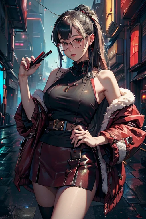 (( top quality )), ((傑 top quality 、masterpiece、High sensitivity、 High Definition 、 detailed description 、 Delicate Faces )),Slender woman、Glasses、 Christmas、 mini skirt Santa 、 cyberpunk、
