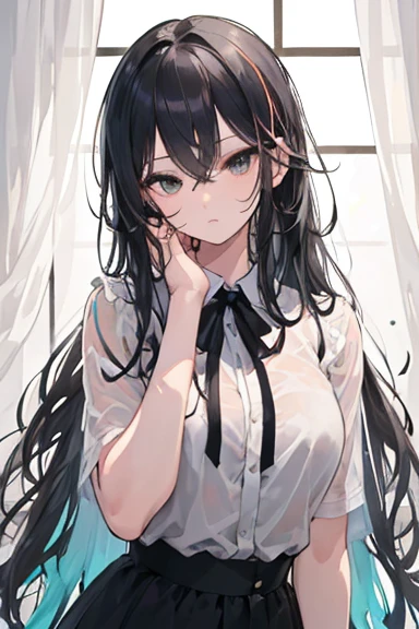 absurdres, RAW photo, extremely delicate and beautiful, masterpiece, Best Quality, ultra high resolution, 32k, hyperrealistic, ultra-detailed, in her 20s, delicate facial features, tearful mole, earring, medium breasts, full body shot, shorter middle hair, black hair, summer school_uniform shirt, sleeveless,