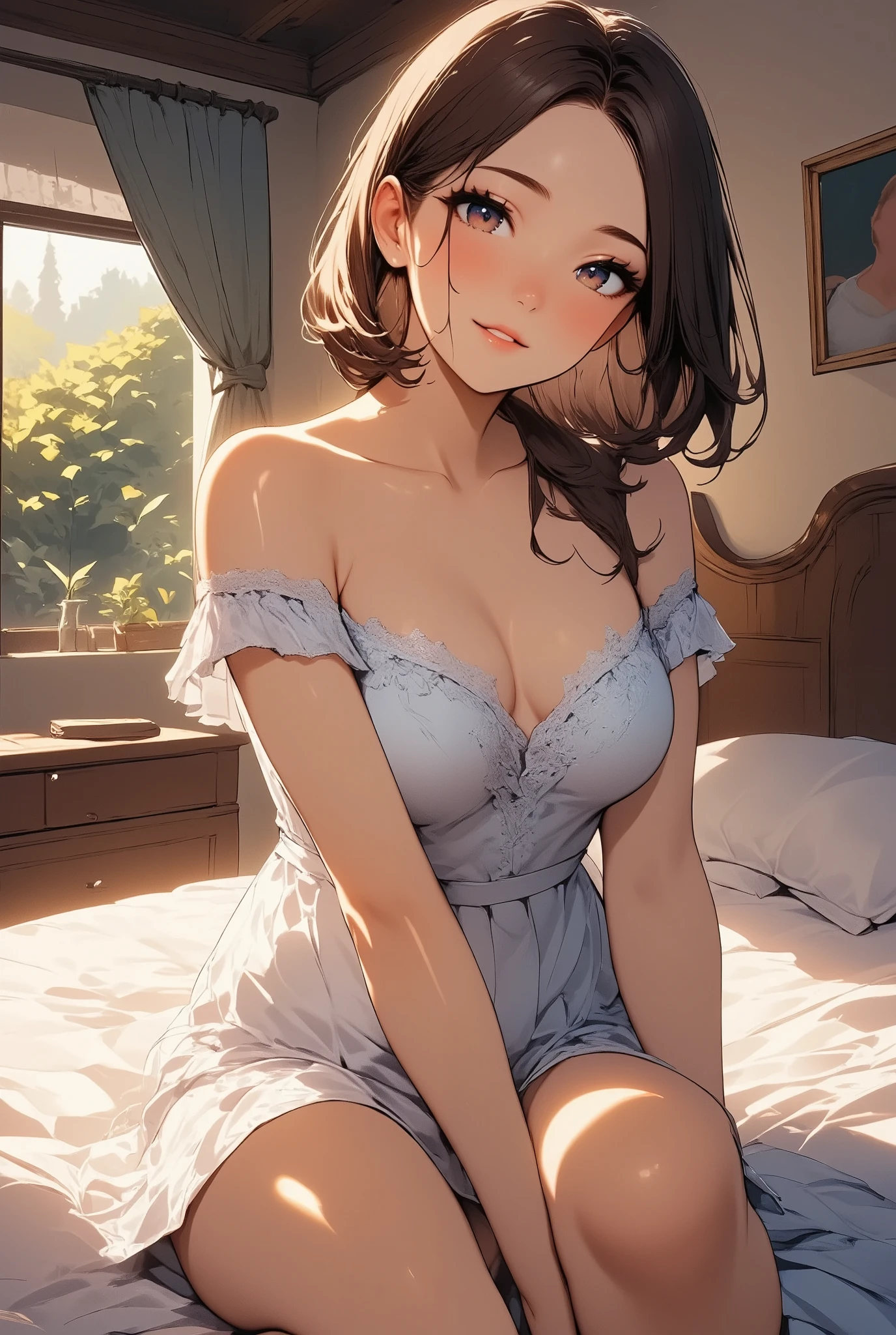 beautiful woman in off-shoulder dress relaxing in bedroom, detailed face, high quality, photorealistic, cinematic lighting, warm colors, intricate details, beautiful lighting, dramatic shadows, elegant pose, natural setting, cozy atmosphere, chiaroscuro, oil painting