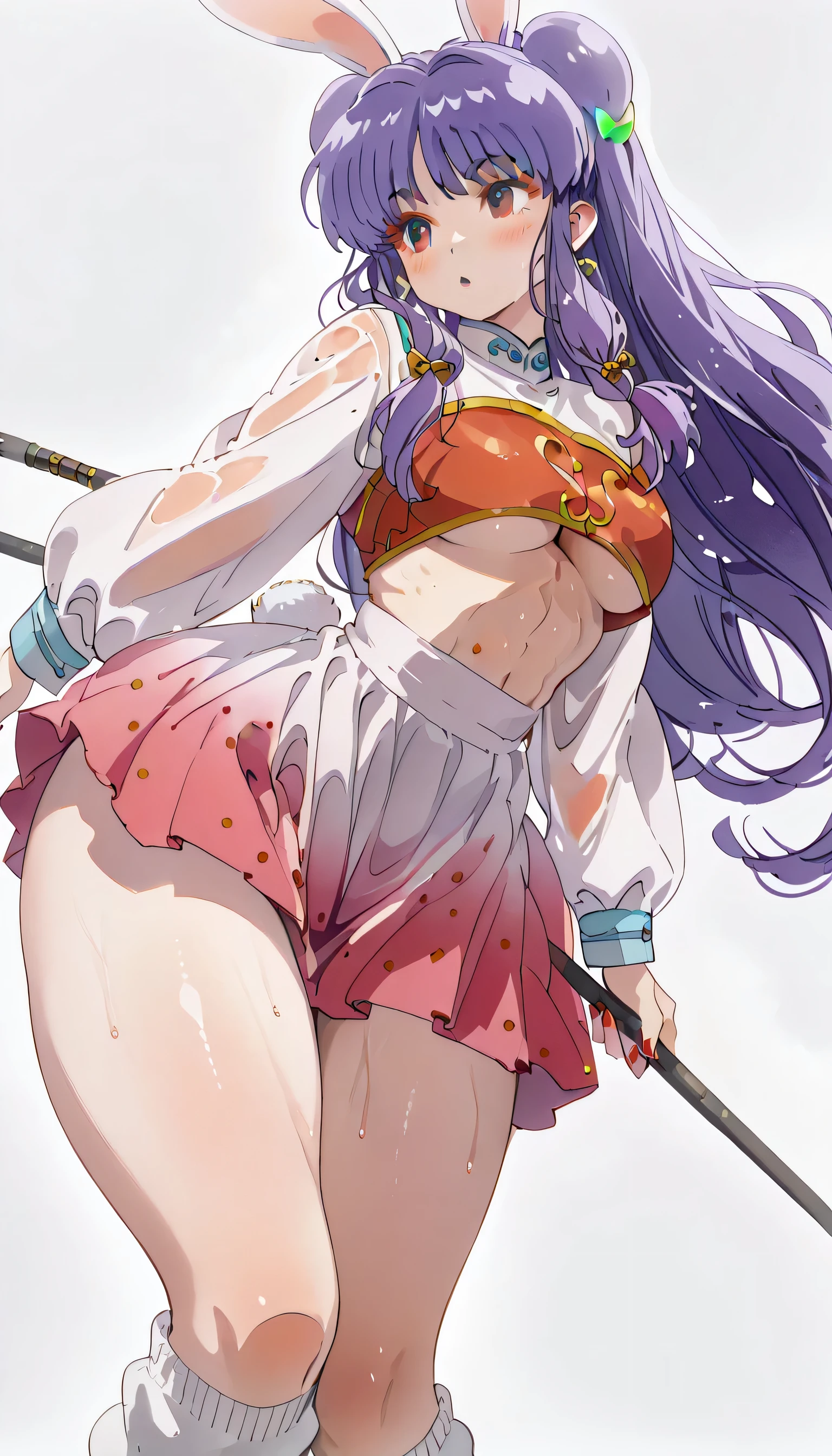 absurdres,, (mature woman1名:1.2), (abs:1.23), underboobs, breasts、(shampoo:1.3)unity Dynamism,forward leaning posture、well-developed abs:1.5、(light purple long hair, two buns)、spread your legs、she looks away, Blurred Background、perky breasts、Leaning forward,((manga style:1.23)) , 、(white background:1.5)、Loungewear、A happy look、Plump body、standing up、Watercolor、(Watercolor style:1.8), lovely, cute, sexy、((wet school uniform)) (thick thigh:1.8) (toned body:1.4) , loose socks, full body view, ((side view)), leaning forward, ((blushing)) ((breast blush)) shinny skin, ((bunny tail)) (narow waist:1.6) ((view from below)), happy, sexy, half-closed eye, shampoo, ((shampoo)) purple long hair, two buns, red eyeshadows, ((muscular female, toned body)exposed, nsfw, underboobs, wet, oiled skin, sweaty, sweat