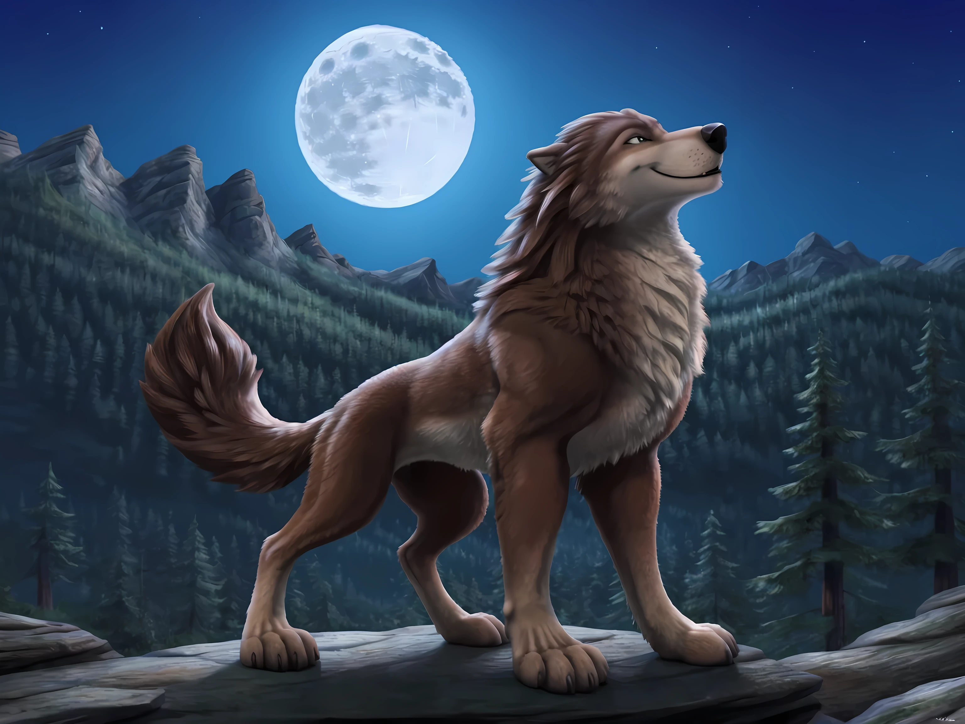 source_anime, cel shaded:1.1, by wfa, Garth, detailed fur, male, feral, feral body, standing on cliffside, forest horizon, mountains, night, full moon, day, posing, confident, raised head, subtle smile, proud, wolf, puffed chest, full body, strong body