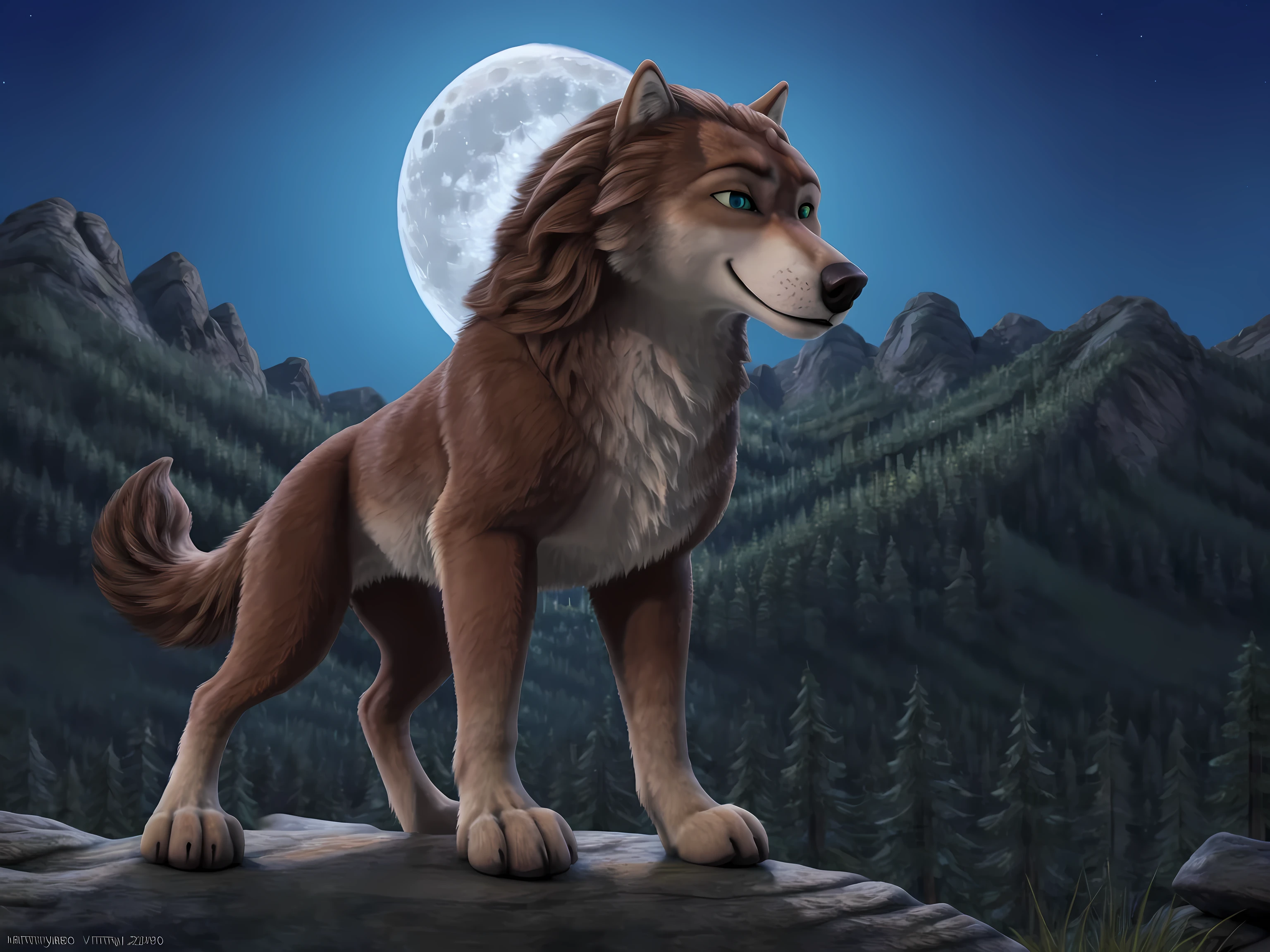 source_anime, cel shaded:1.1, by marjani, by virtyalfobo, Garth, detailed fur, male, feral, feral body, standing on cliffside, forest horizon, mountains, night, full moon, day, posing, confident, raised head, subtle smile, proud, wolf, puffed chest, full body, strong body, detailed eyes