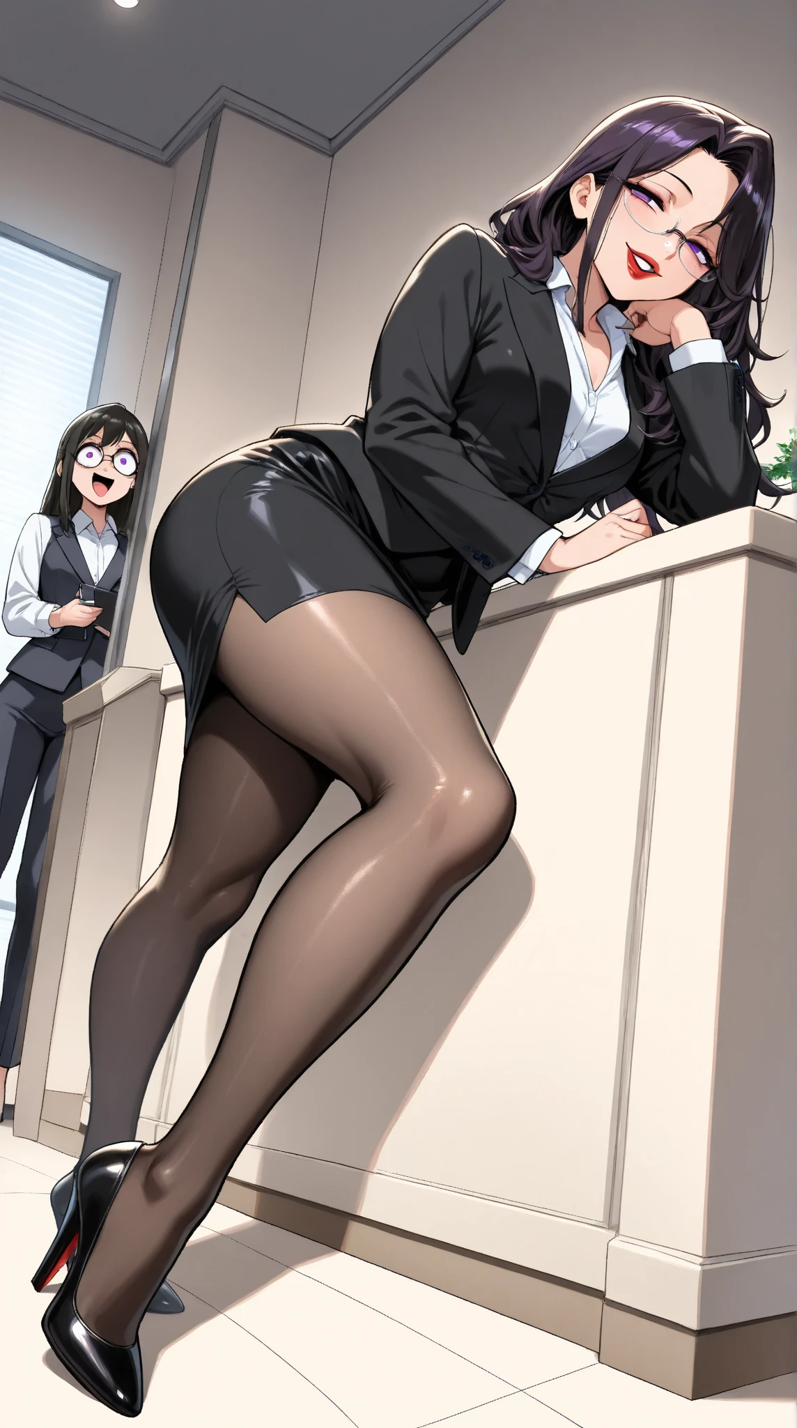  1 mature beautiful woman ,1 person,(masterpiece:1.3, top quality :1.3, very detailed depiction:1.3, incredible high resolution:1.3,High quality anime drawings),( office lady with straight black hair,An excellent female secretary,Villainess,Glasses),( business suit, tight skirt , formal shirt to accumulate strength, black tights, Luxurious Accessory , high heels),(Purple Eyes, Crazy Eyes , half-closed eyes:1.5, small breasts, wicked smile, glossy red lips ,Seductive gestures,Beautiful legs, healthy legs,Curvaceous Body,High quality skin),Full body images:1.3,