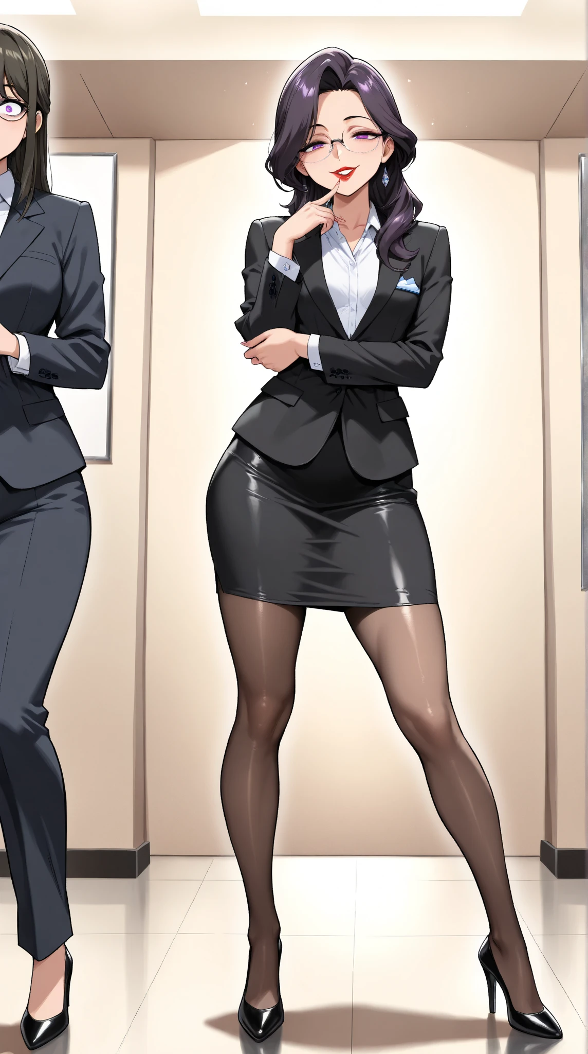  1 mature beautiful woman ,1 person,(masterpiece:1.3, top quality :1.3, very detailed depiction:1.3, incredible high resolution:1.3,High quality anime drawings),( office lady with straight black hair,An excellent female secretary,Villainess,Glasses),( business suit, tight skirt , formal shirt to accumulate strength, black tights, Luxurious Accessory , high heels),(Purple Eyes, Crazy Eyes , half-closed eyes:1.5, small breasts, wicked smile, glossy red lips ,Seductive gestures,Beautiful legs, healthy legs,Curvaceous Body,High quality skin),Full body images:1.3,