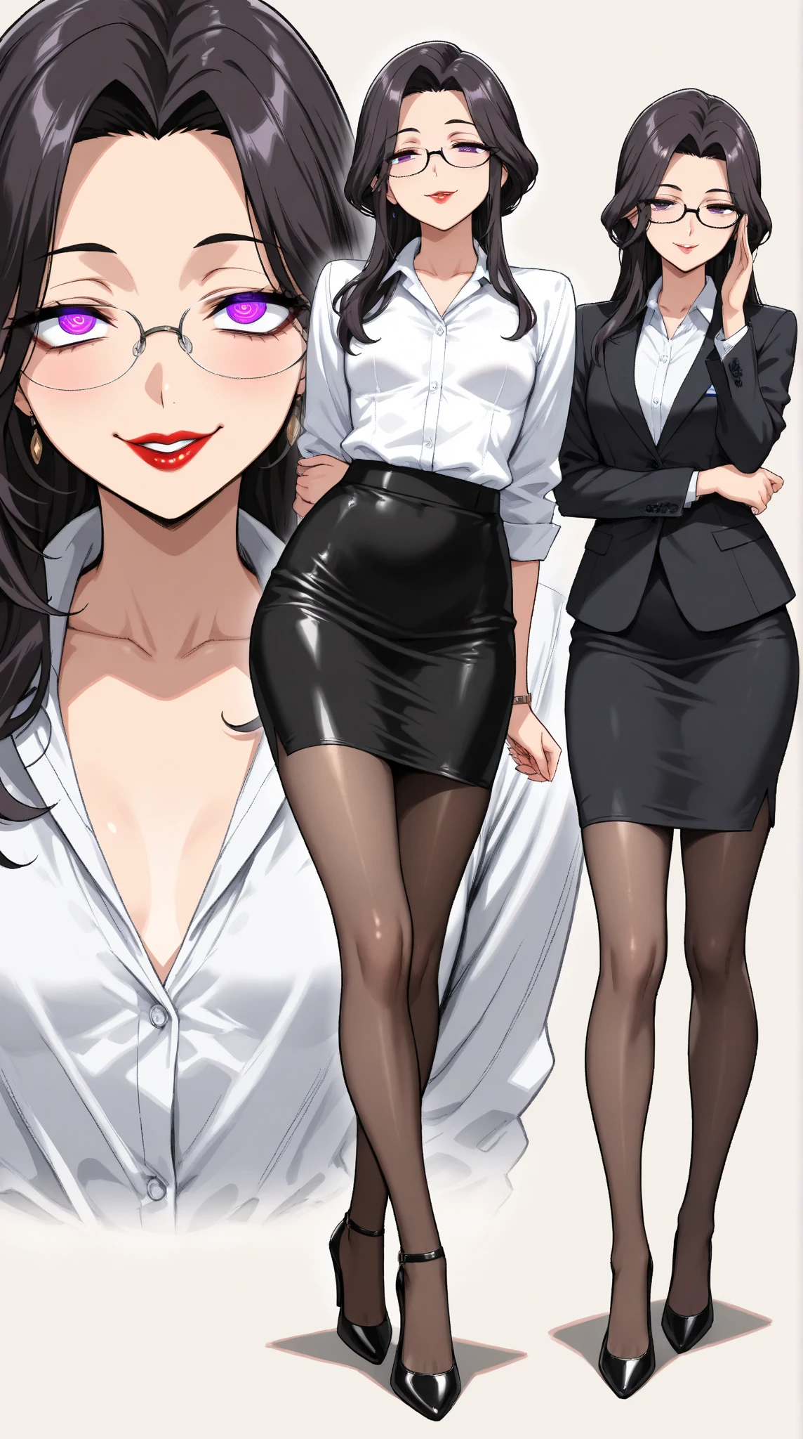  1 mature beautiful woman ,1 person,(masterpiece:1.3, top quality :1.3, very detailed depiction:1.3, incredible high resolution:1.3,High quality anime drawings),( office lady with straight black hair,An excellent female secretary,Villainess,Glasses),( business suit, tight skirt , formal shirt to accumulate strength, black tights, Luxurious Accessory , high heels),(Purple Eyes, Crazy Eyes , half-closed eyes:1.5, small breasts, wicked smile, glossy red lips ,Seductive gestures,Beautiful legs, healthy legs,Curvaceous Body,High quality skin),Full body images:1.3,