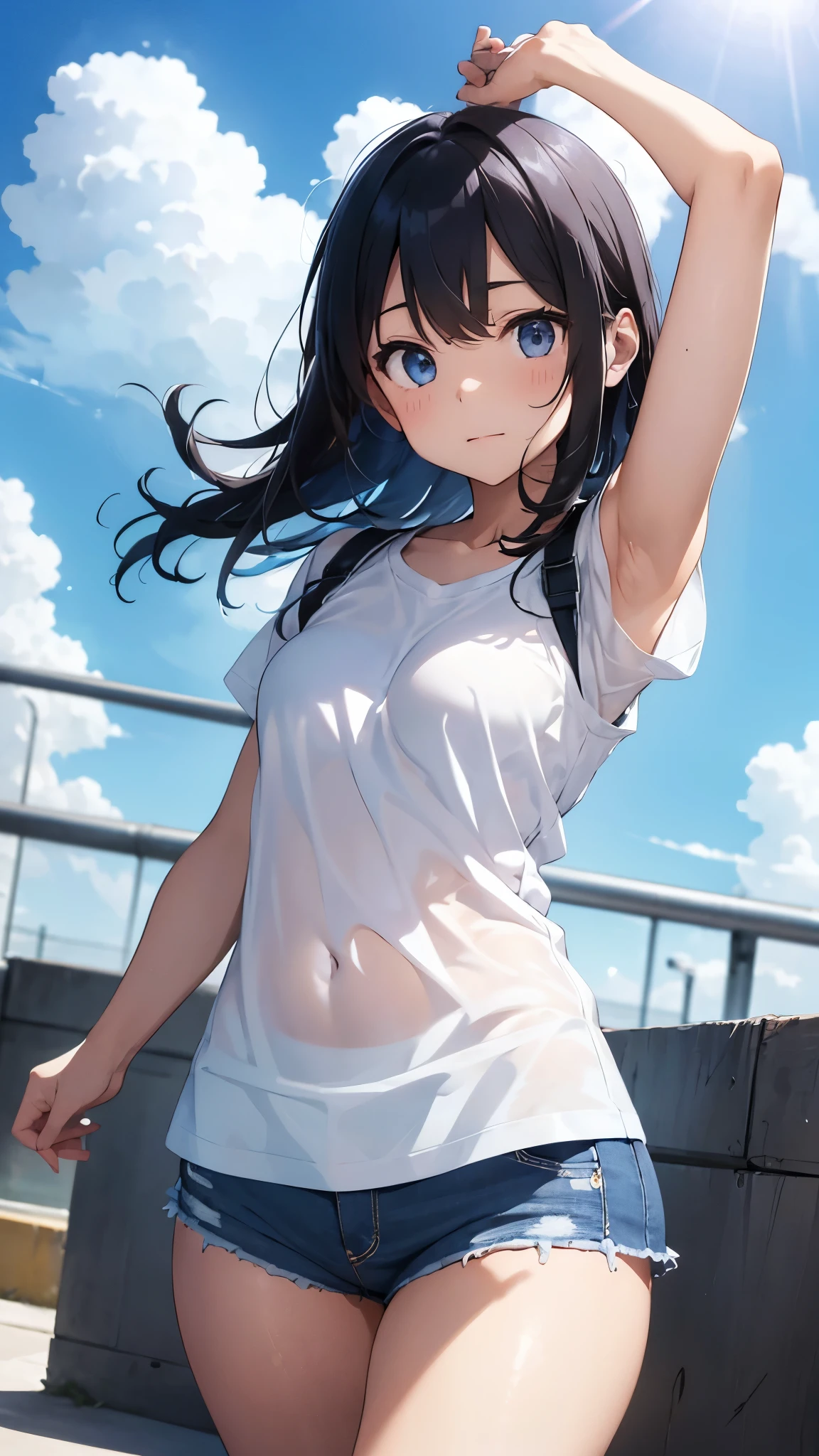 short sleeve wet white shirt、See-through bra、Blue Bra、 blue miniskirt、 lift the miniskirt with both hands、Show me a glimpse of striped bread、Schoolgirl、A desert with nothing up to the horizon、blue sky and entrance clouds .