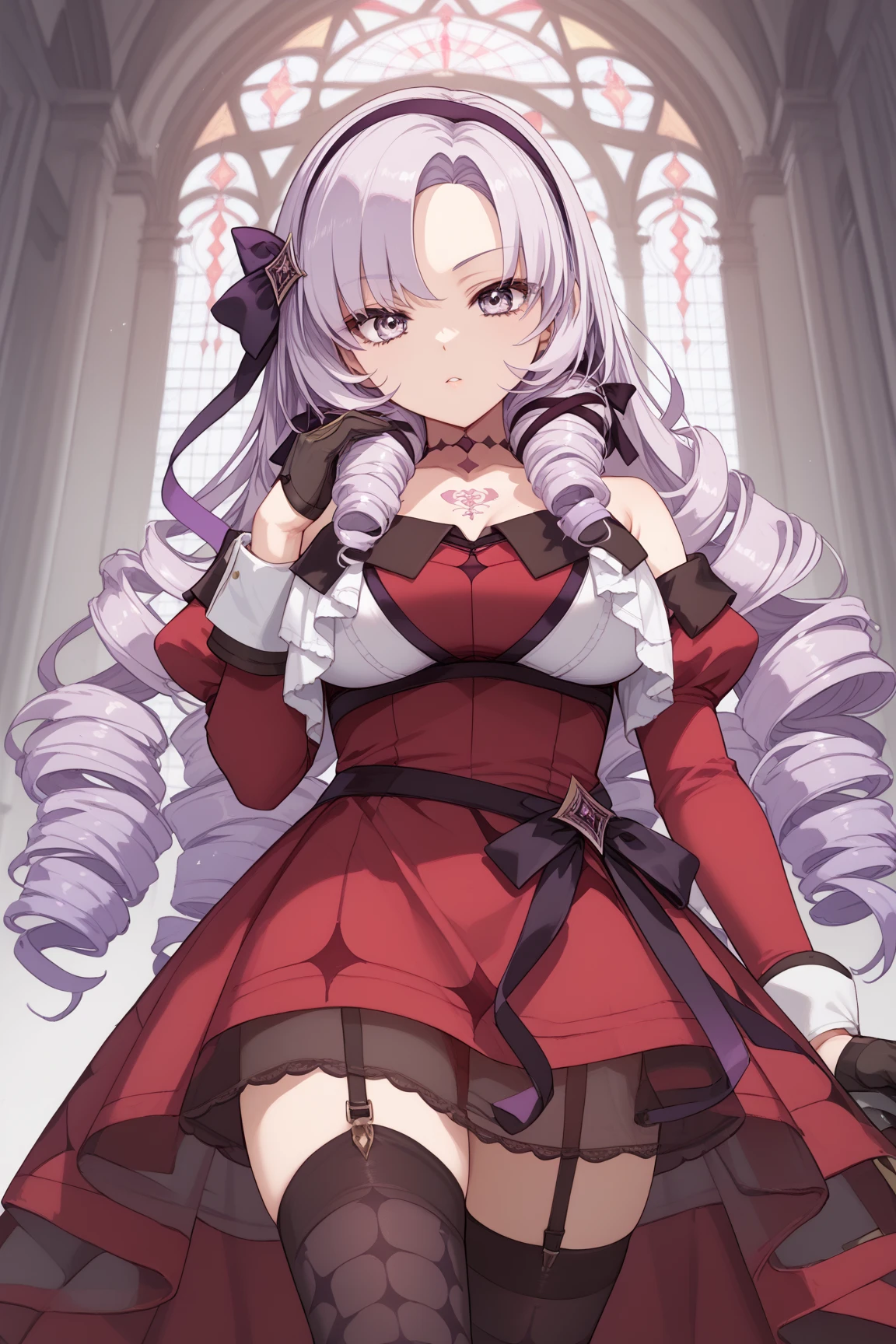 anime coloring,masterpiece,Salome, big body,huge breasts,(((( best quality )))),,HS1, purple eyes, bangs, parted bangs, purple hair, light purple hair, long hair, drill hair, tattoo, chest tattoo, ribbon, hair ribbon, purple ribbon, hairband
bare shoulders, dress, red dress, long sleeves, juliet sleeves, gloves, black gloves, garter straps, thighhighs, black thighhighs