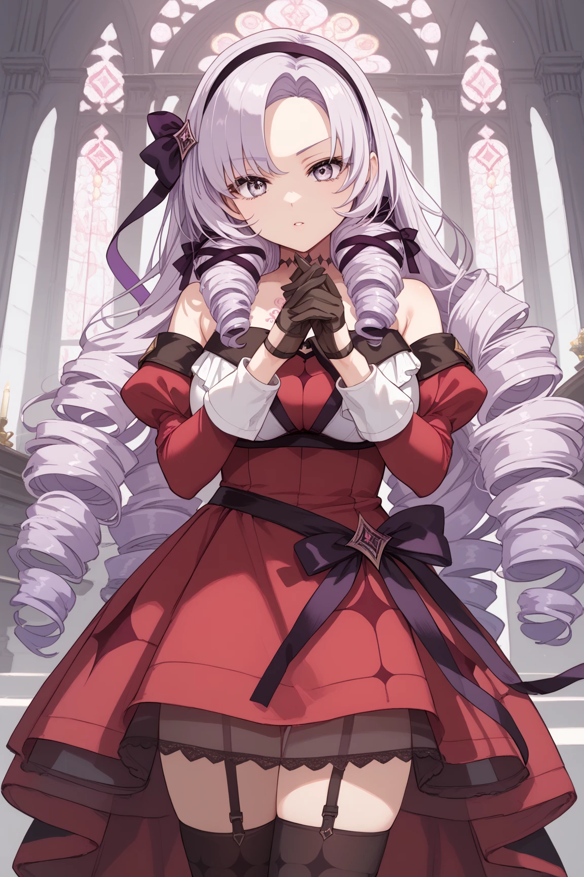 anime coloring,masterpiece,Salome, big body,huge breasts,(((( best quality )))),,HS1, purple eyes, bangs, parted bangs, purple hair, light purple hair, long hair, drill hair, tattoo, chest tattoo, ribbon, hair ribbon, purple ribbon, hairband
bare shoulders, dress, red dress, long sleeves, juliet sleeves, gloves, black gloves, garter straps, thighhighs, black thighhighs