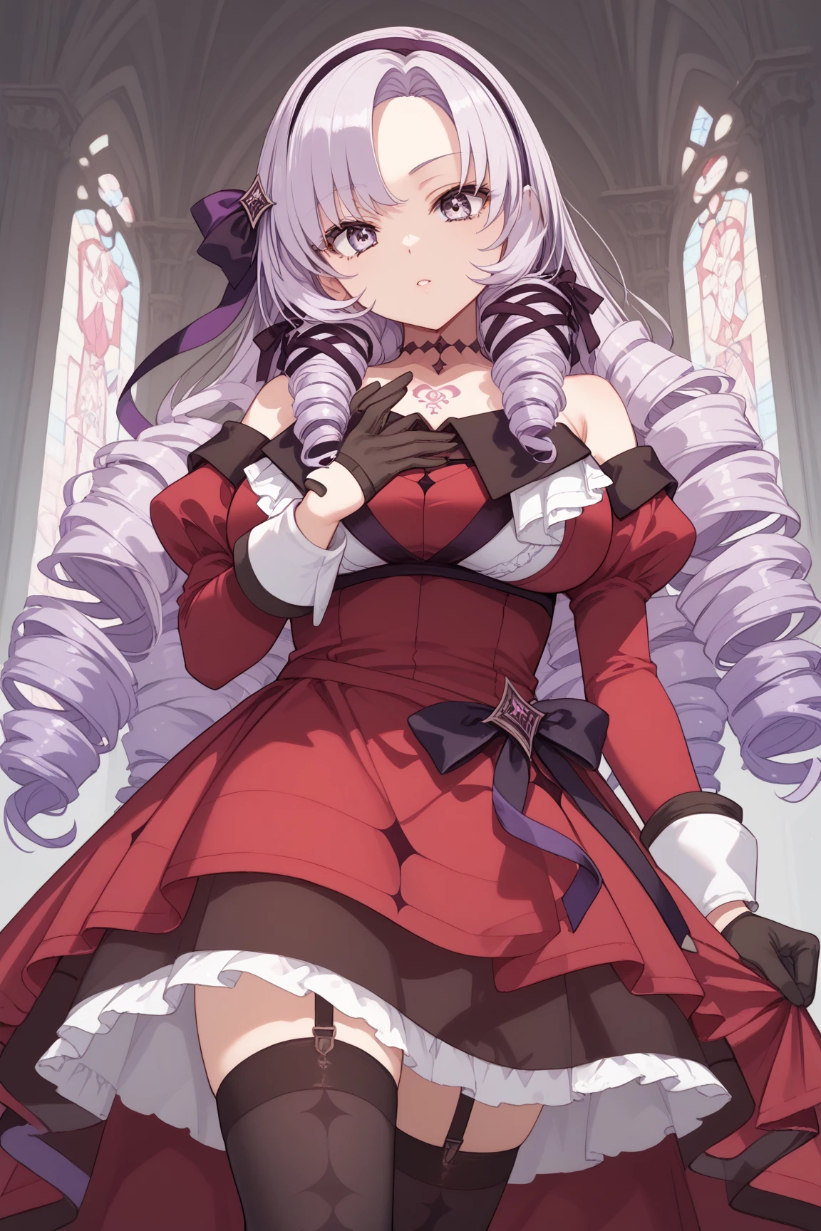 anime coloring,masterpiece,Salome, big body,huge breasts,(((( best quality )))),,HS1, purple eyes, bangs, parted bangs, purple hair, light purple hair, long hair, drill hair, tattoo, chest tattoo, ribbon, hair ribbon, purple ribbon, hairband
bare shoulders, dress, red dress, long sleeves, juliet sleeves, gloves, black gloves, garter straps, thighhighs, black thighhighs