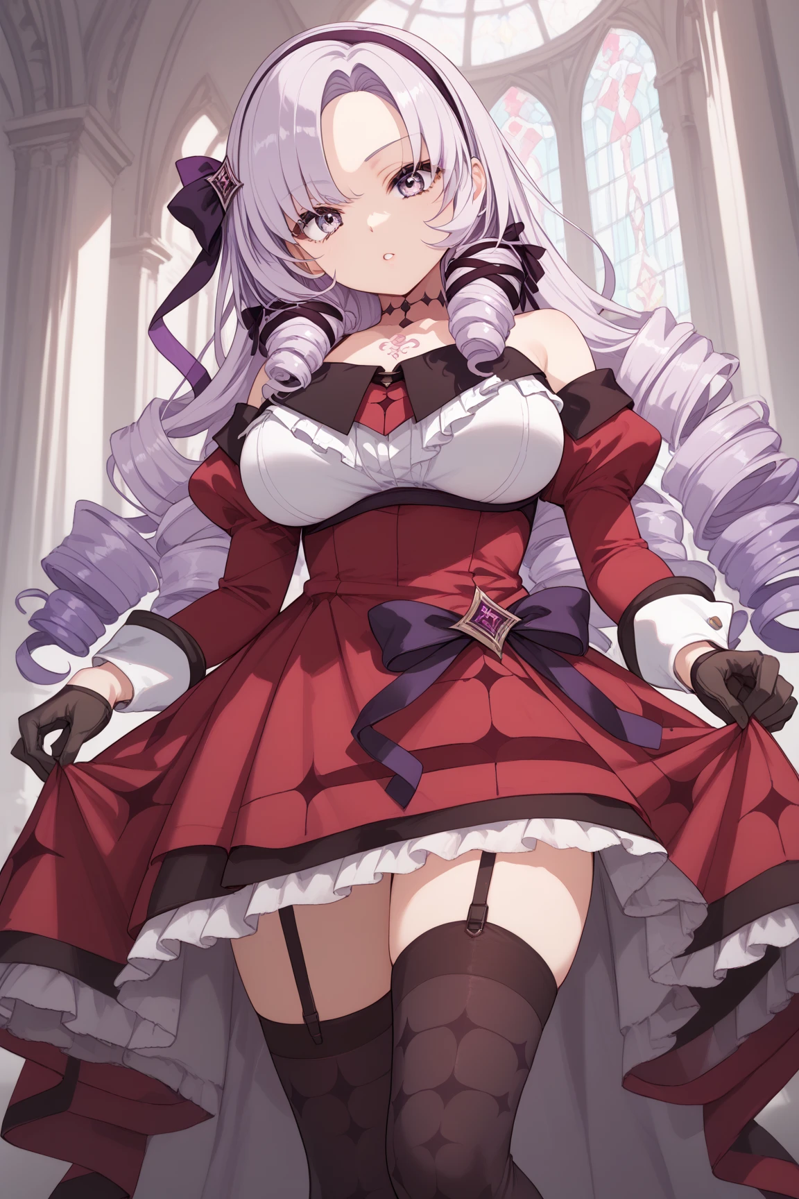 anime coloring,masterpiece,Salome, big body,huge breasts,(((( best quality )))),,HS1, purple eyes, bangs, parted bangs, purple hair, light purple hair, long hair, drill hair, tattoo, chest tattoo, ribbon, hair ribbon, purple ribbon, hairband
bare shoulders, dress, red dress, long sleeves, juliet sleeves, gloves, black gloves, garter straps, thighhighs, black thighhighs