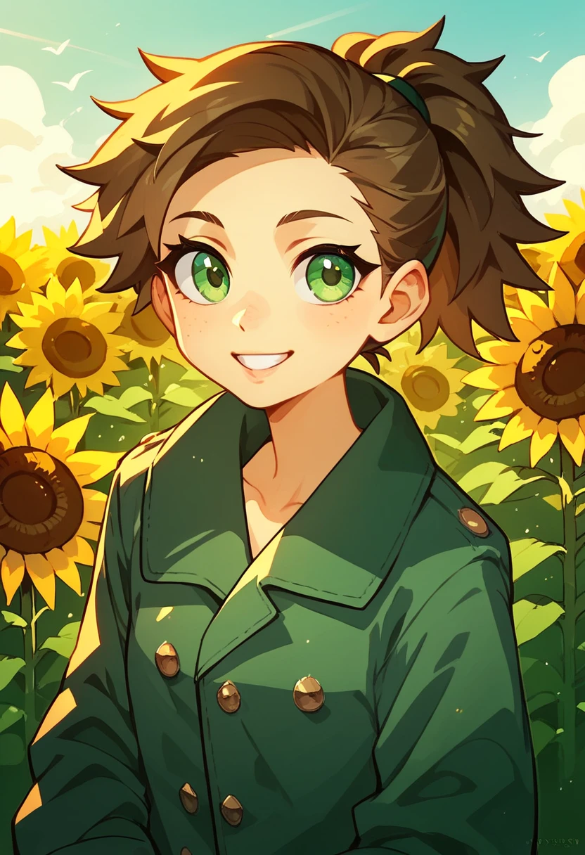 1 Girl,  unique ,  brown angled ponytail ， Green Eyes ， dark green trench coat，Sunflower field， sunshine，Smile