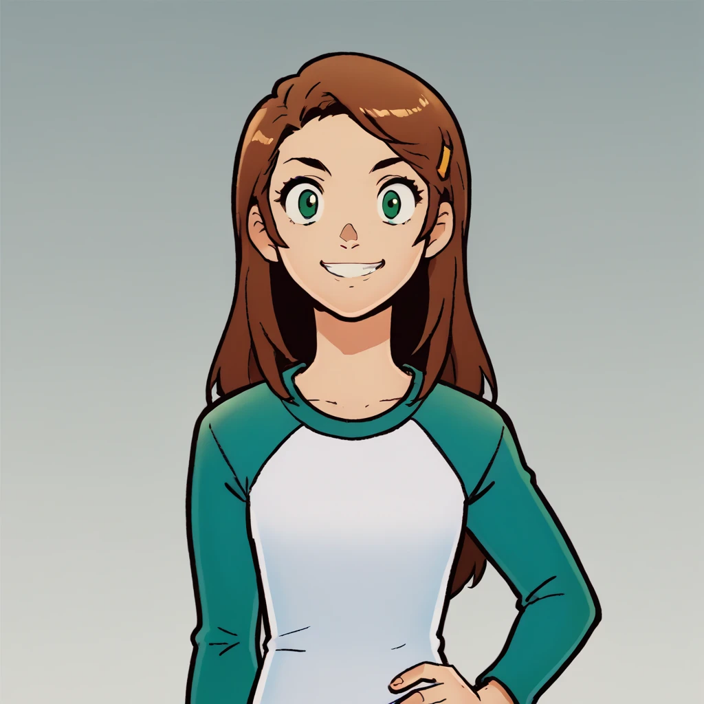 score_9, score_8_up, score_7_up, BREAK, source_anime,  1girl, solo, Diana, long hair, brown hair, green eyes,  shirt,  dark pink raglan sleeves  cowboy shot, smile, hand on hip