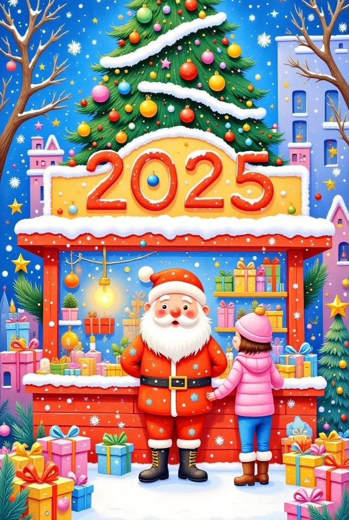 A picture of a Christmas scene of people standing in front of a store, “ 2025” promotional art,  official illustration 