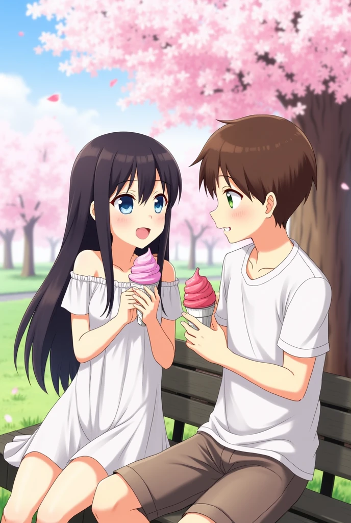 Create 8k immage Boy and girl are sitting together eating ice cream and they are  couples. They are wearing red and pink woddie and look very Anime character type. The scenery behind them is very beautiful, there are many cherry blossom trees behind them and the leaves are falling and looking very beautiful And it was winter.