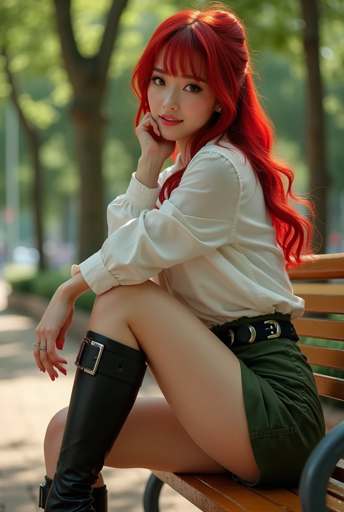 araffe woman sitting on steps with camera and hat, lomography lady grey, with red hair, red haired girl, by Andrée Ruellan, redhead girl, by Neysa McMein, redhead woman, great pinterest photo, jovana rikalo, 5 0 s style, 50s style, amy sol in the style of, elegant pose
